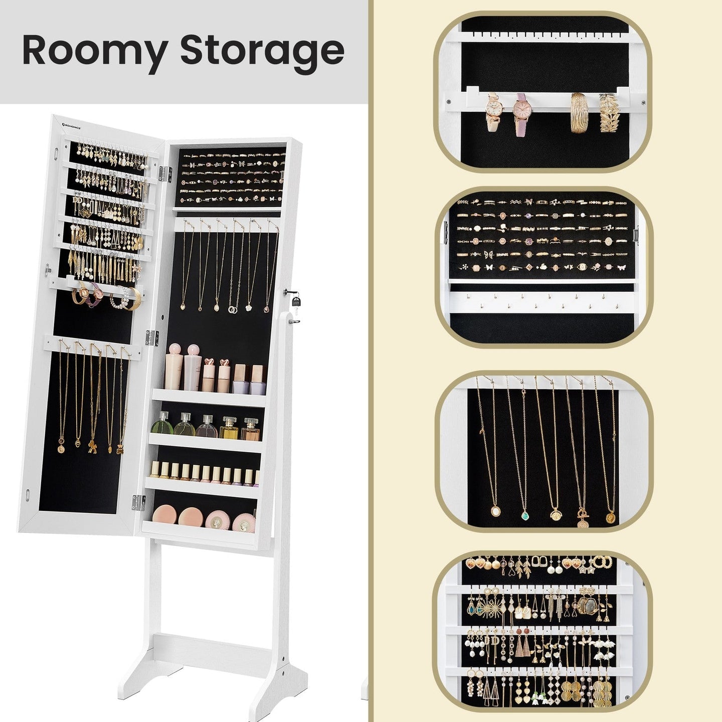 Jewellery Storage Cabinet - Wood - Black and White - Lockable with Full-Length Mirror