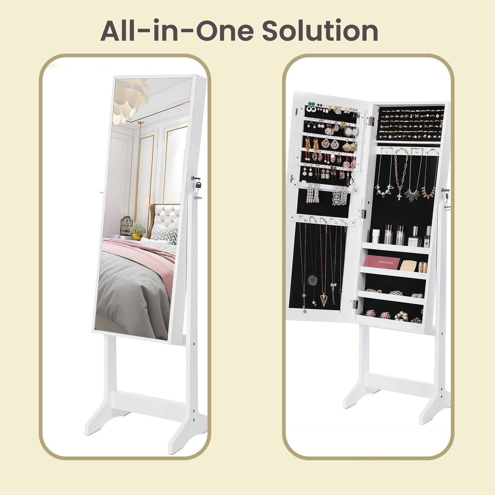 Jewellery Storage Cabinet - Wood - Black and White - Lockable with Full-Length Mirror
