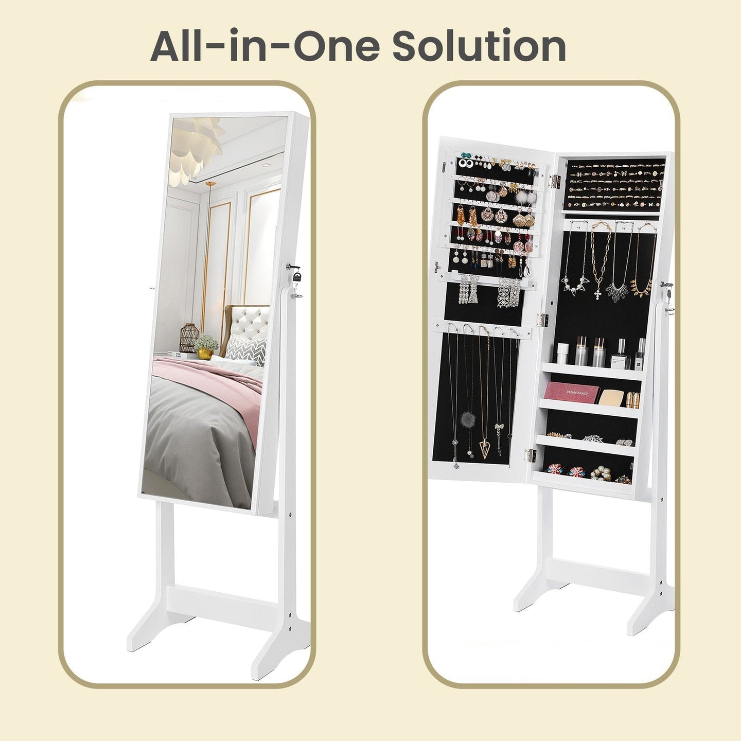 Jewellery Storage Cabinet - Wood - Black and White - Lockable with Full-Length Mirror