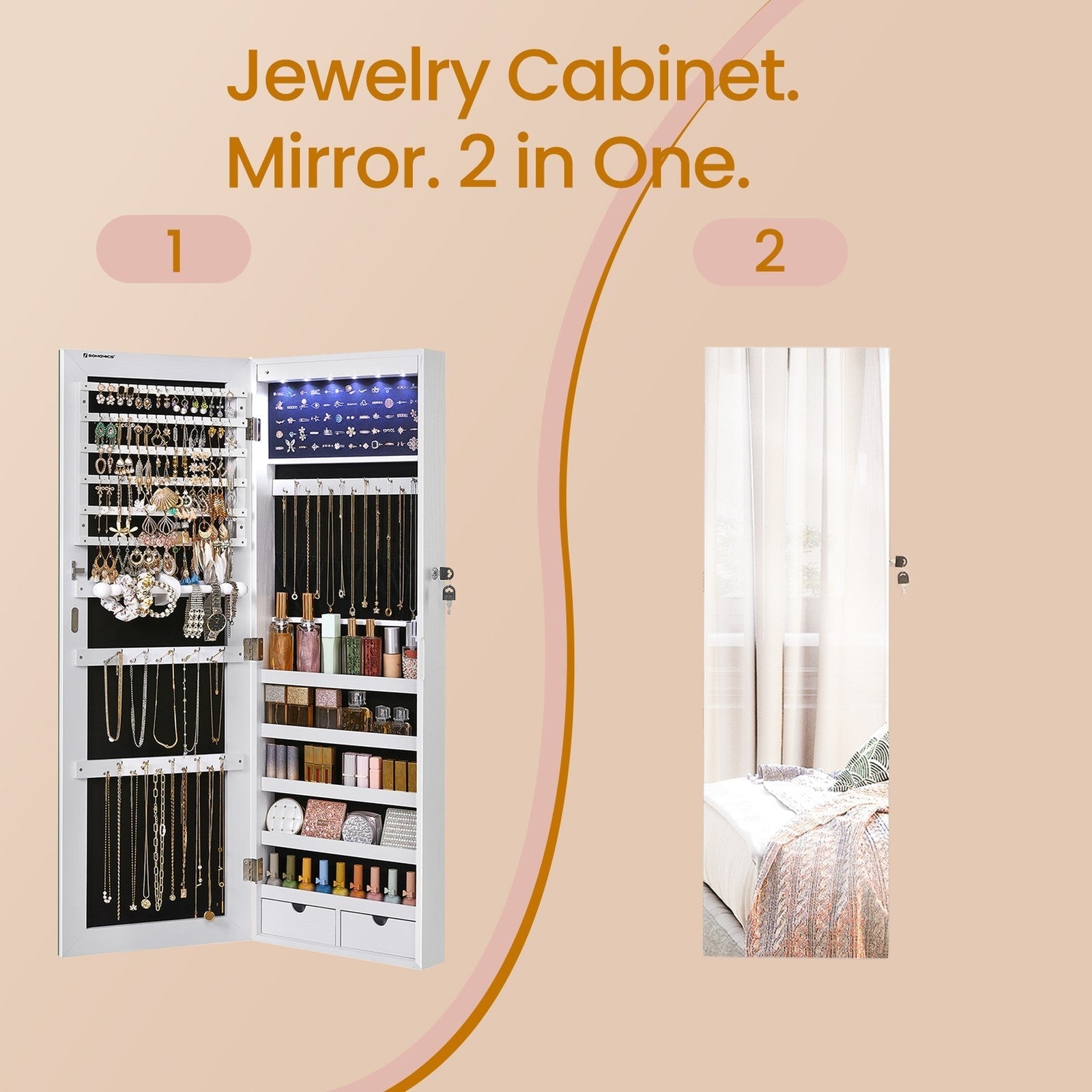 Wall-Mounted Jewelry Cabinet - White - Mirror