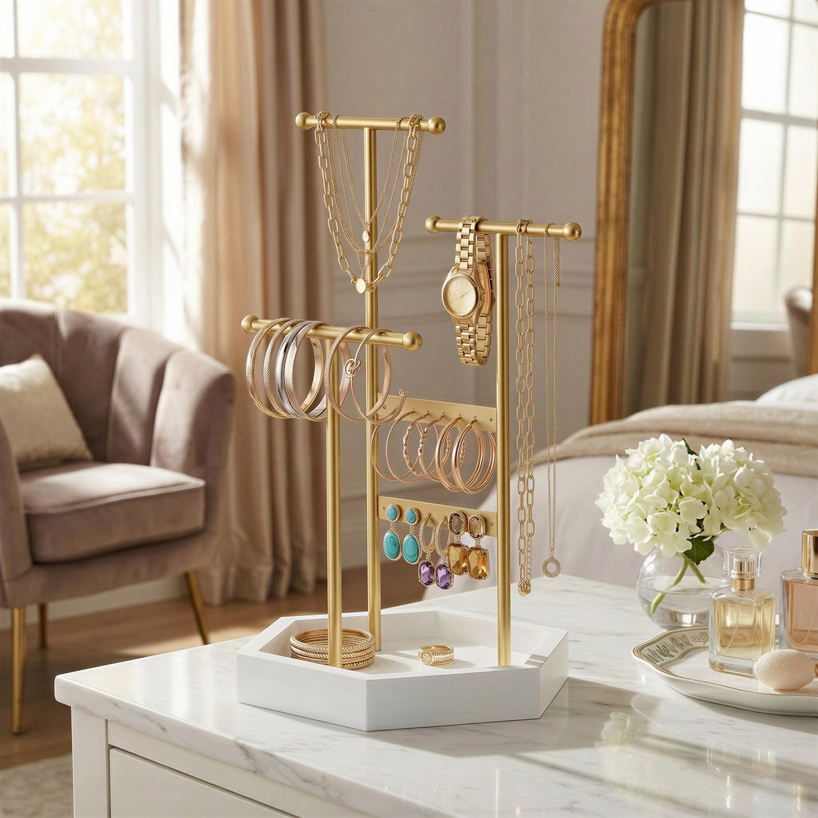 Jewellery Display Stand - 4 Zones - Metal Frame - Earring and Necklace Holder
