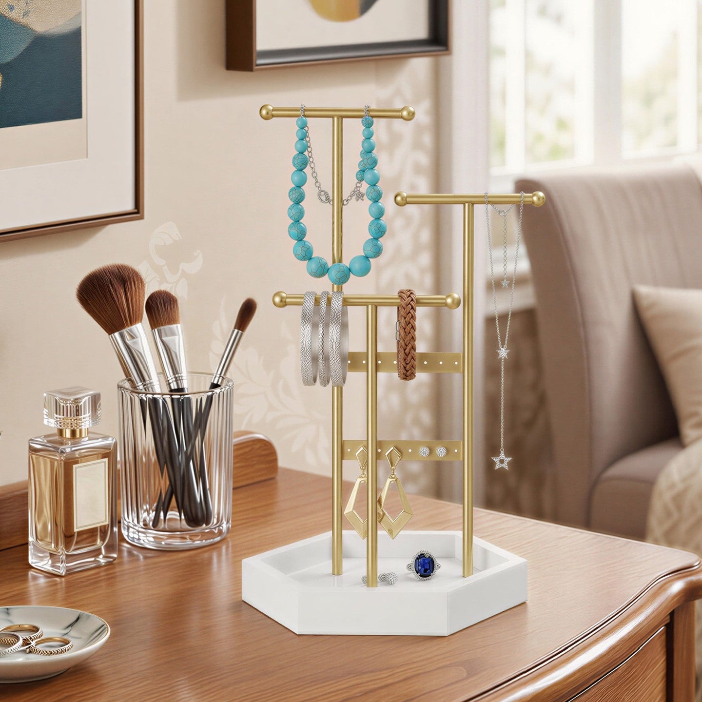 Jewellery Display Stand - 4 Zones - Metal Frame - Earring and Necklace Holder