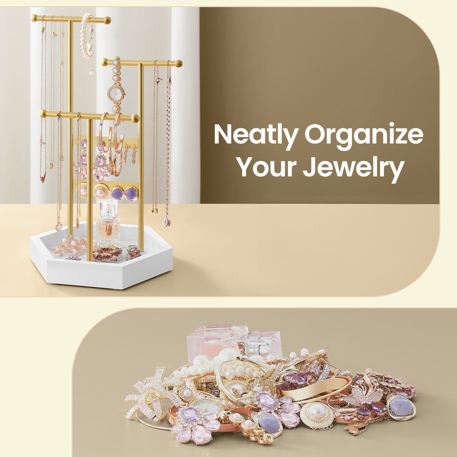 Jewellery Display Stand - 4 Zones - Metal Frame - Earring and Necklace Holder