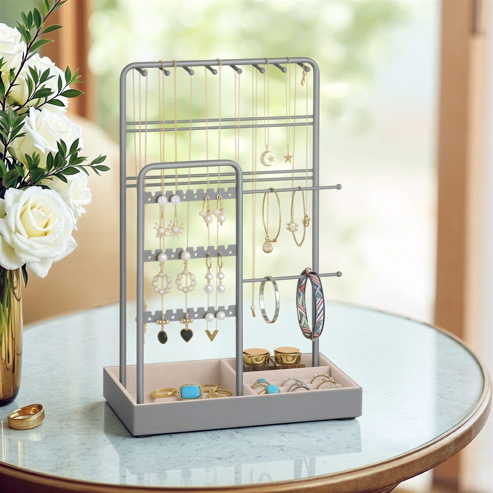 Jewellery Organizer - Metal and MDF - Light Grey - with Metal Frame