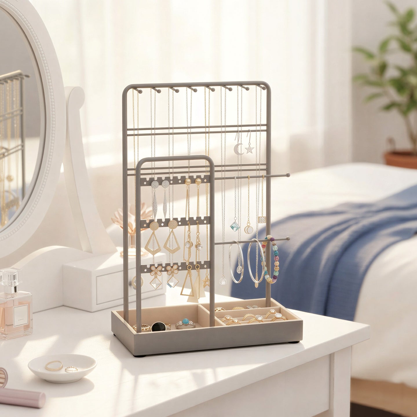 Jewellery Organizer - Metal and MDF - Light Grey - with Metal Frame