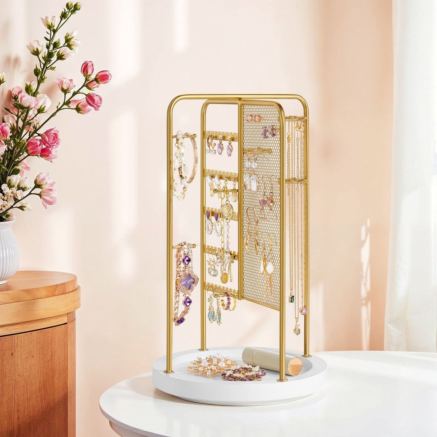 Rotating Jewellery Display Stand - Metal - Gold - 4 Independent Sections with Bottom Tray