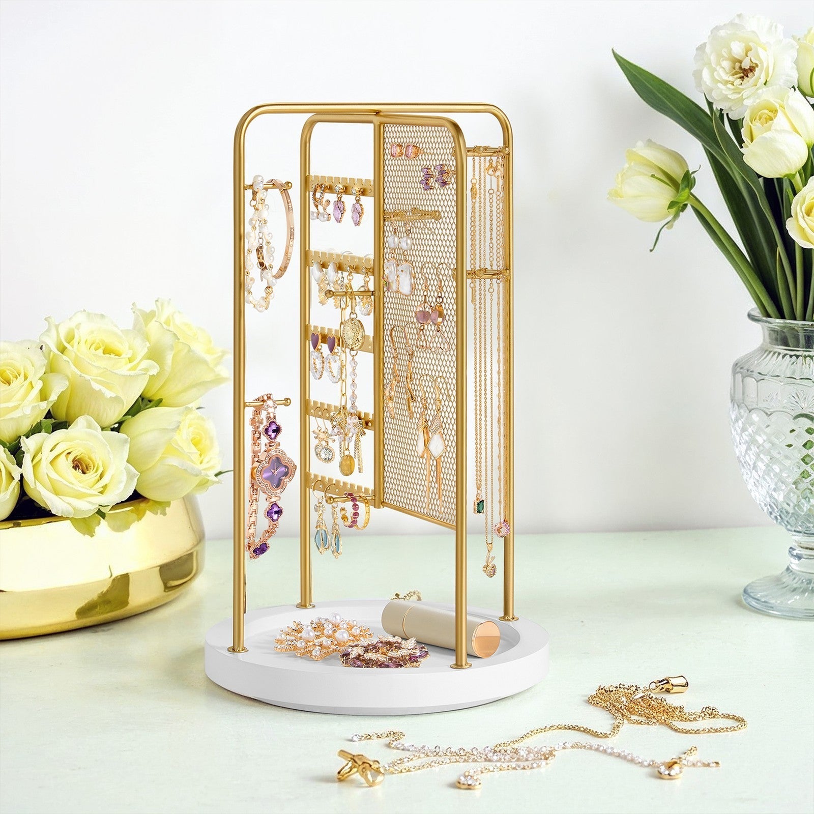 Rotating Jewellery Display Stand - Metal - Gold - 4 Independent Sections with Bottom Tray