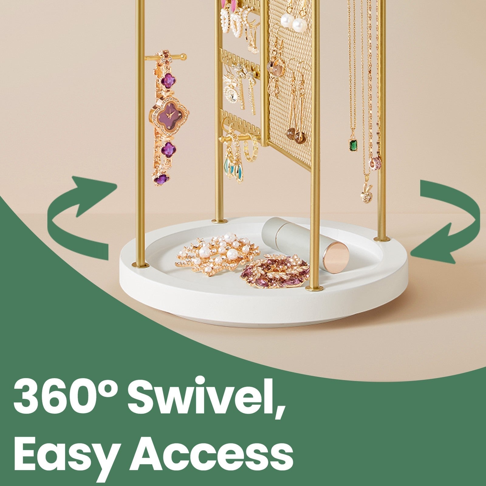 Rotating Jewellery Display Stand - Metal - Gold - 4 Independent Sections with Bottom Tray