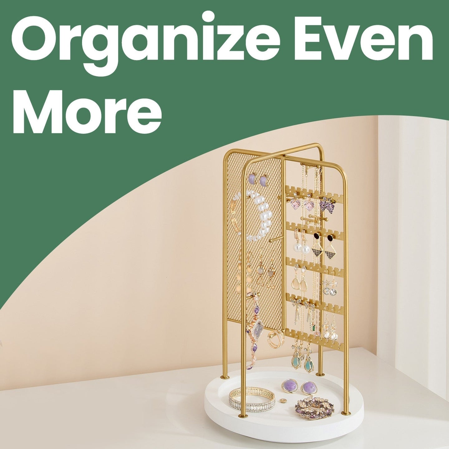 Rotating Jewellery Display Stand - Metal - Gold - 4 Independent Sections with Bottom Tray