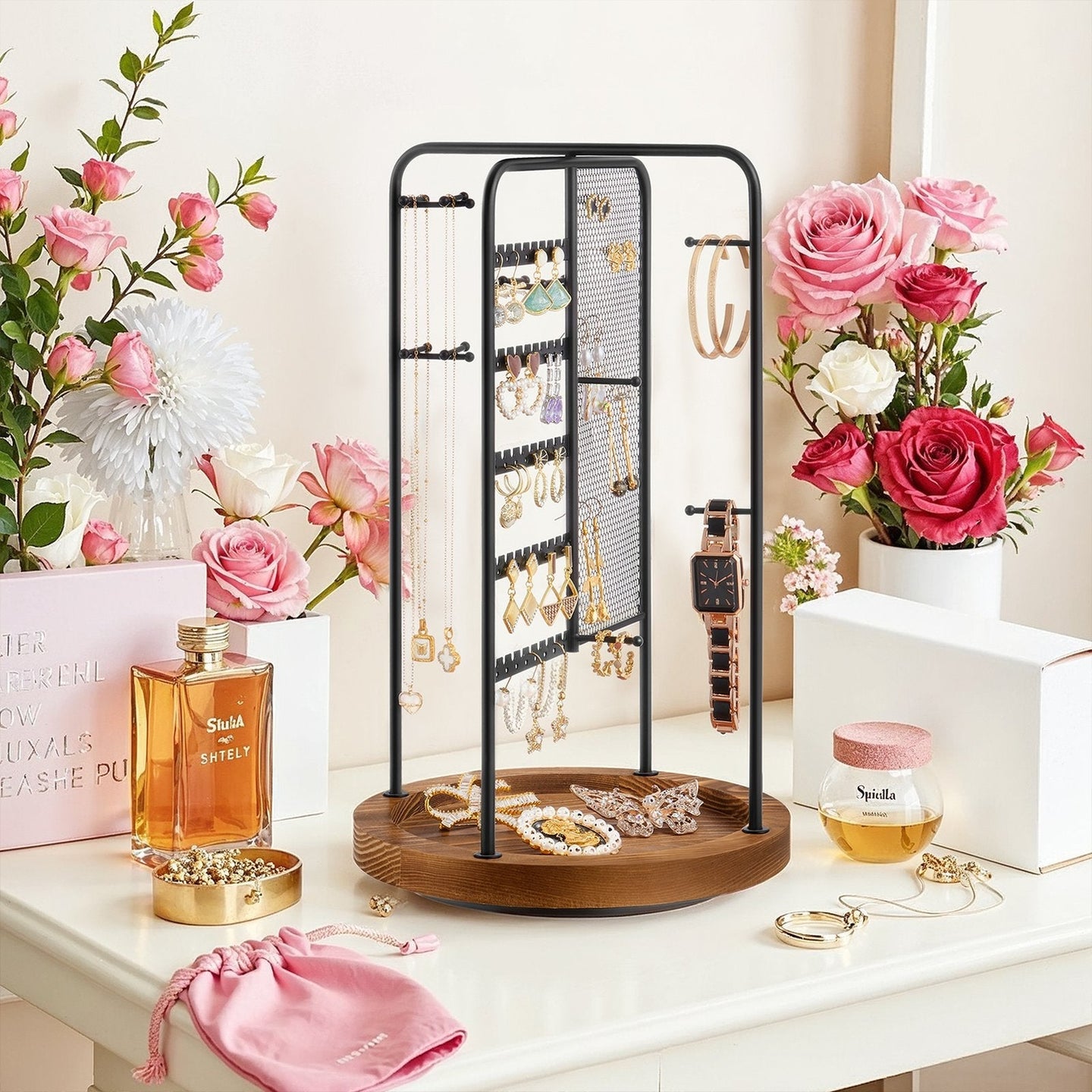 Rotating Jewellery Display Stand - Metal - Black - 4 Independent Sections with Bottom Tray