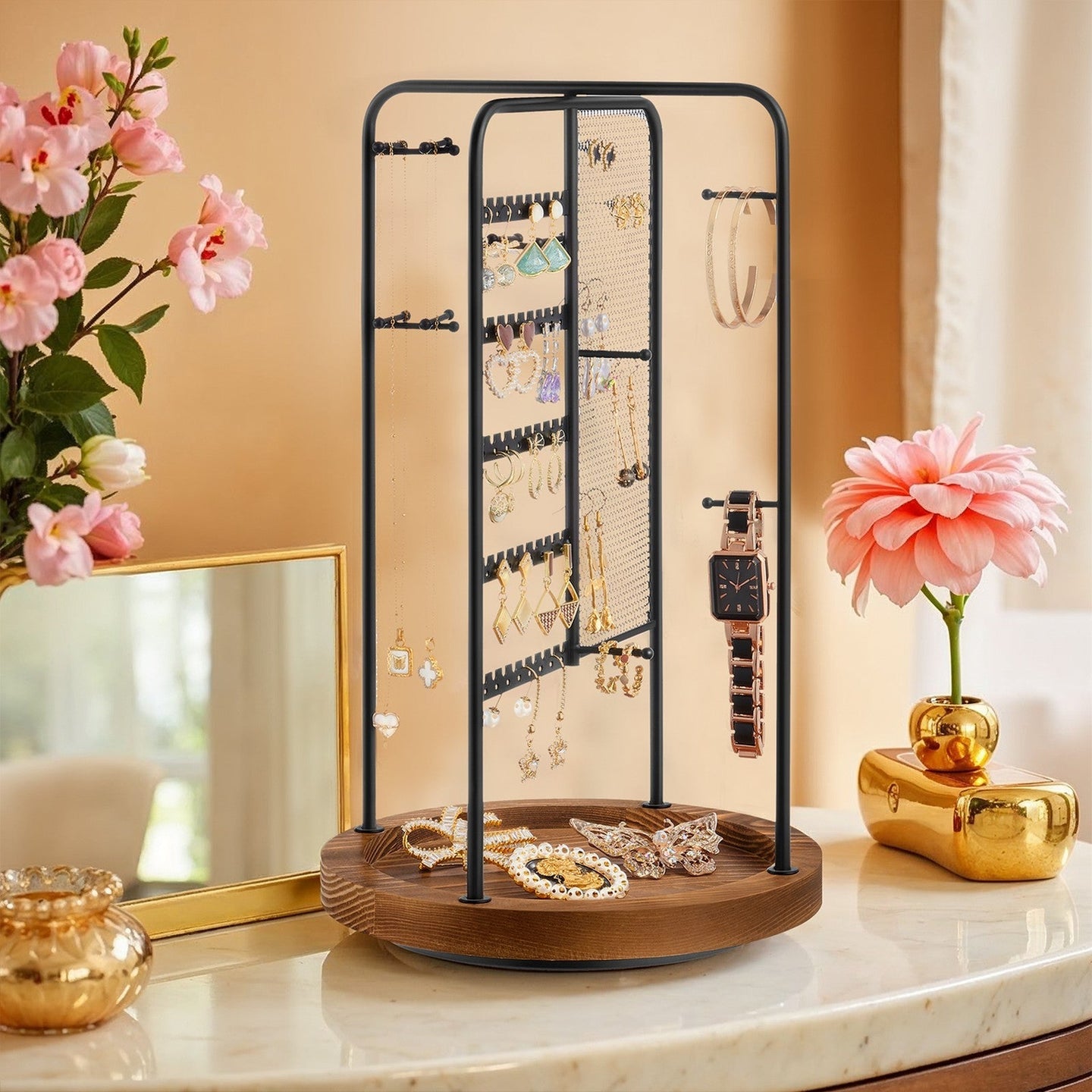 Rotating Jewellery Display Stand - Metal - Black - 4 Independent Sections with Bottom Tray