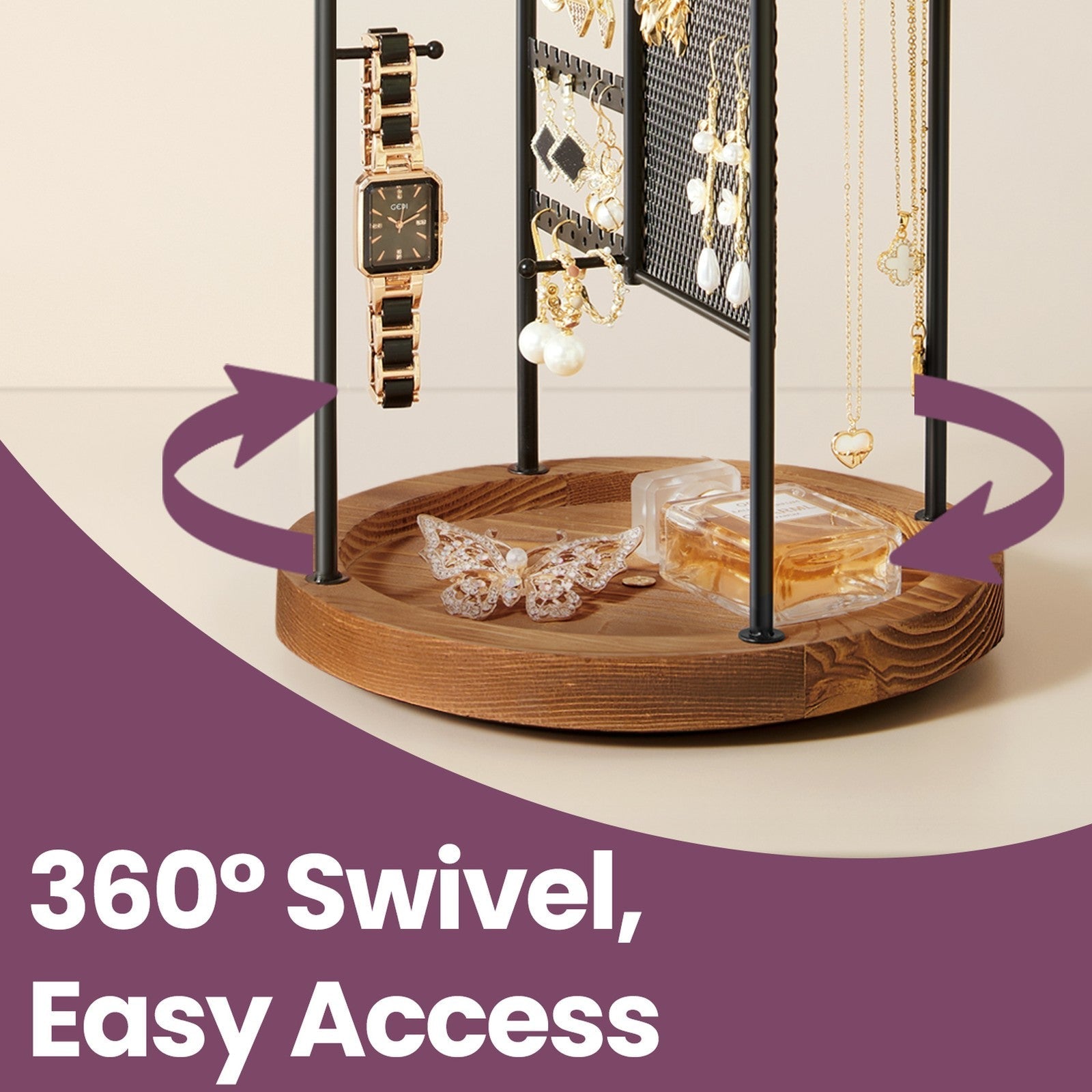 Rotating Jewellery Display Stand - Metal - Black - 4 Independent Sections with Bottom Tray