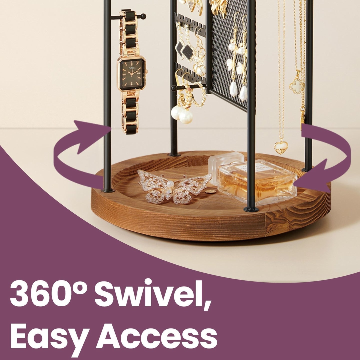 Rotating Jewellery Display Stand - Metal - Black - 4 Independent Sections with Bottom Tray