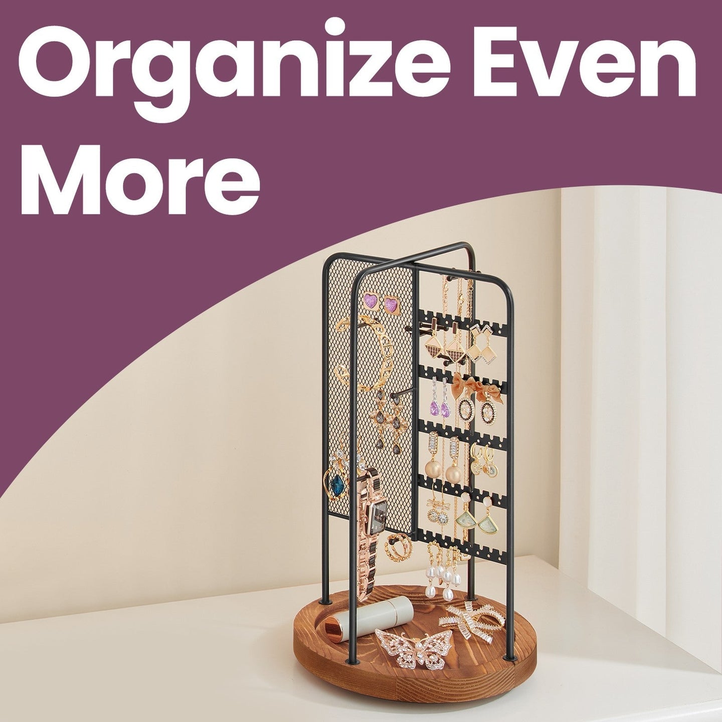 Rotating Jewellery Display Stand - Metal - Black - 4 Independent Sections with Bottom Tray