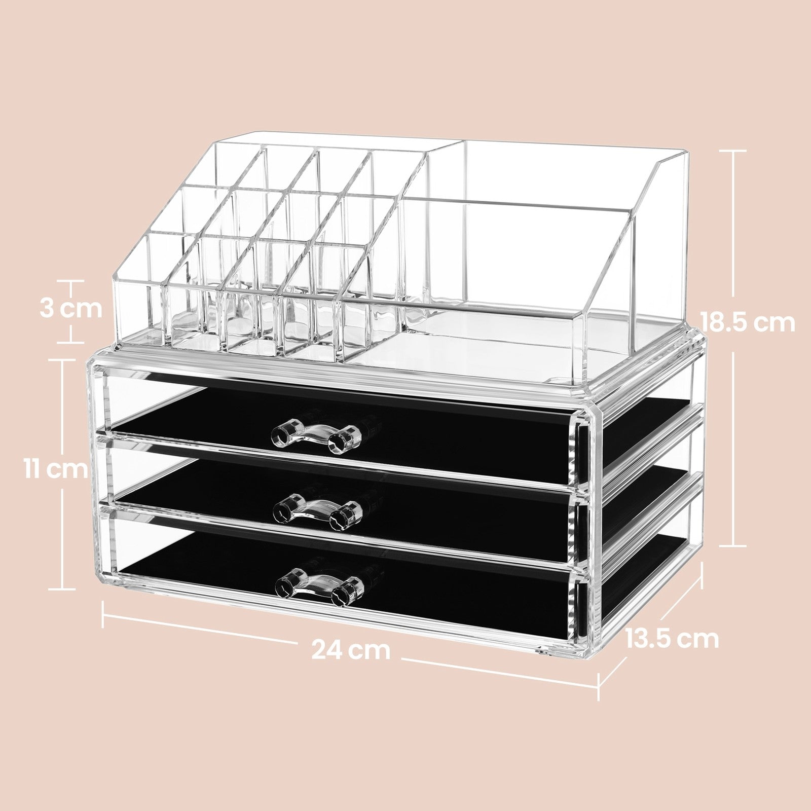 2-Piece Set Makeup Organiser - 18L - Acrylic - 3 Drawers