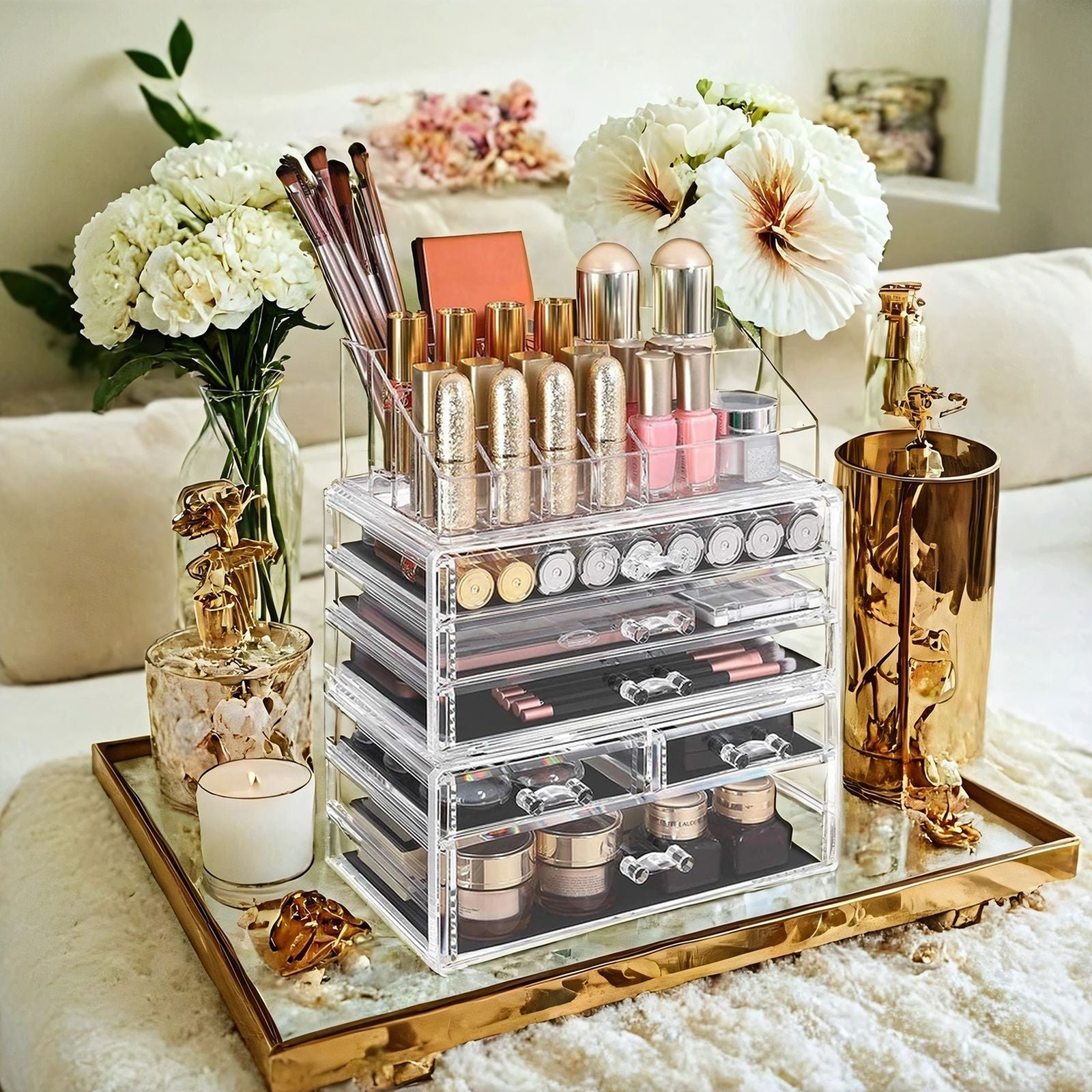 Large Acrylic Makeup Organizer - Clear - Stackable with 6 Drawers for Cosmetics and Makeup Tools