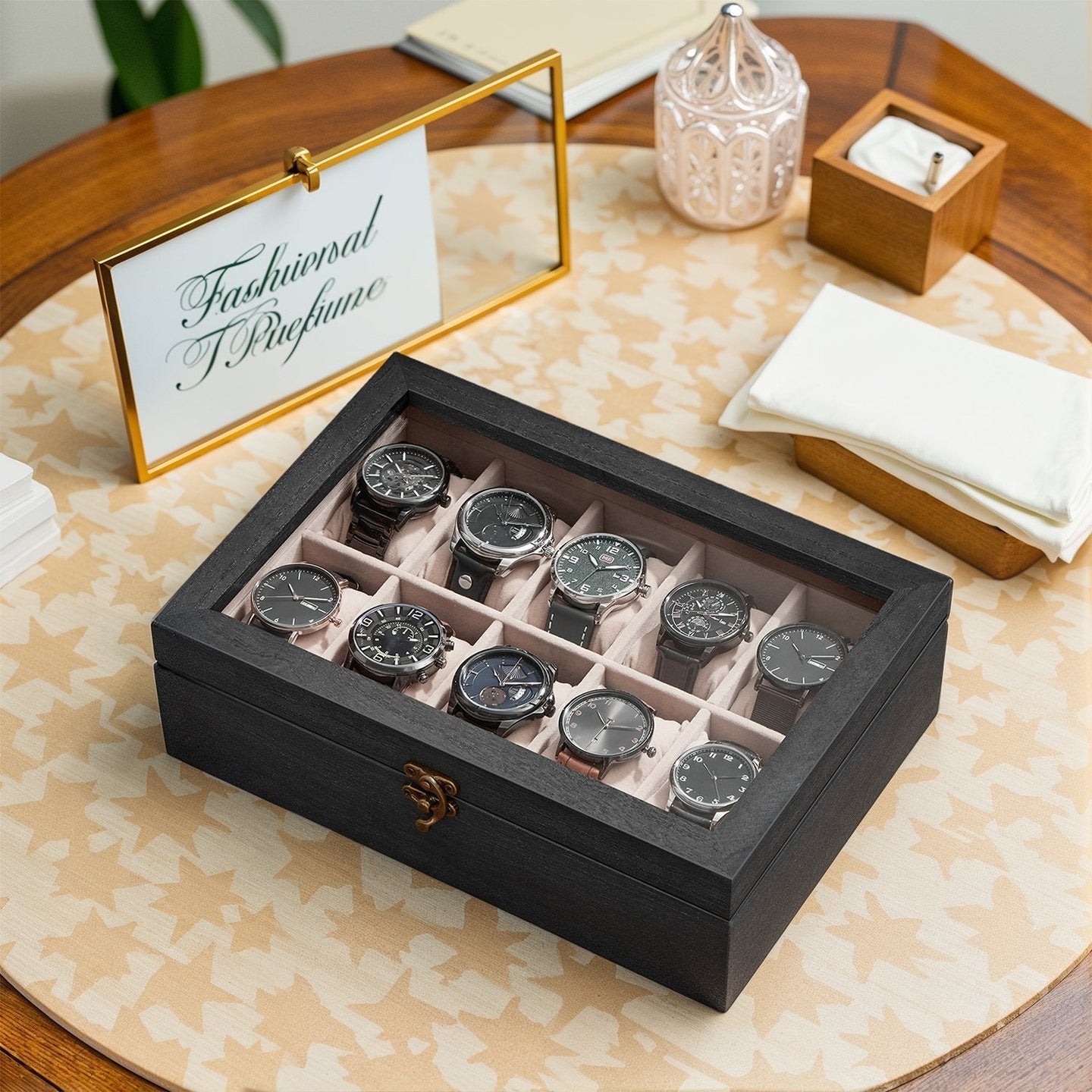 Watch Box - Solid Wood - Rustic Walnut - 10-Slot Organiser with Glass Lid