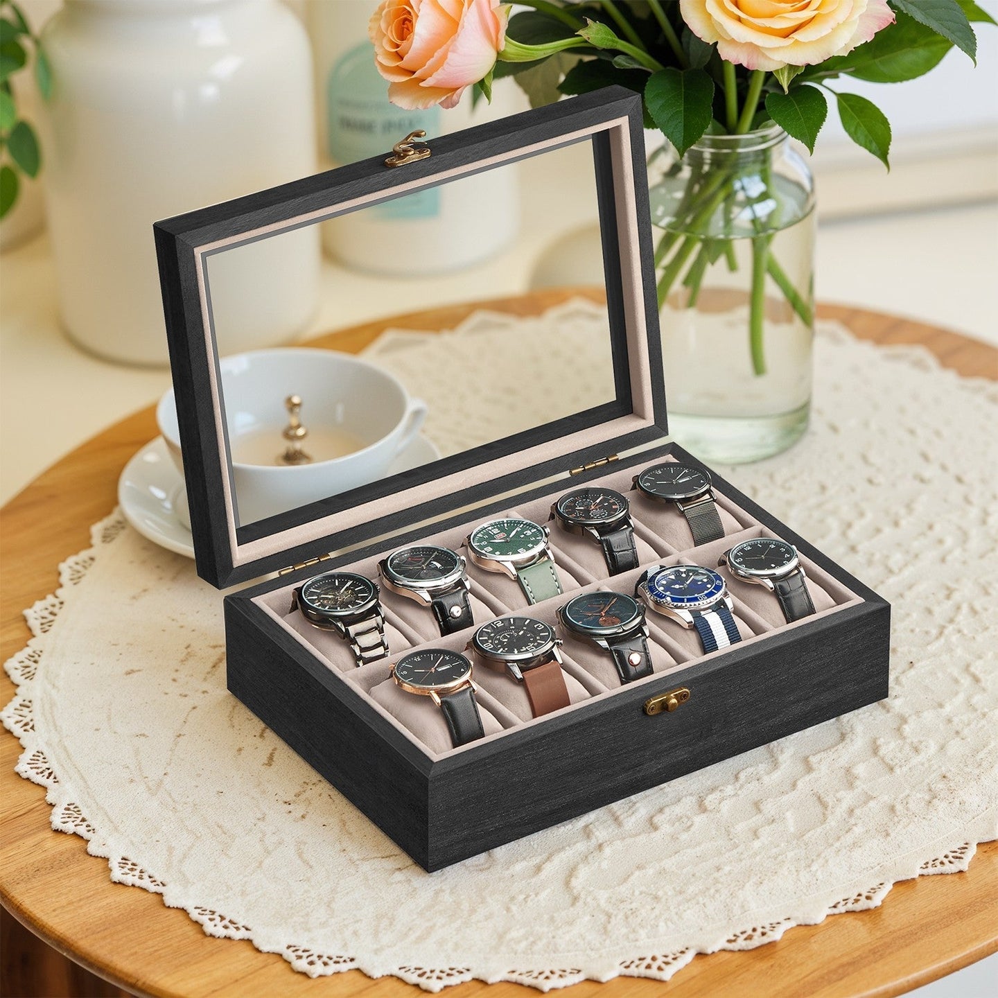 Watch Box - Solid Wood - Rustic Walnut - 10-Slot Organiser with Glass Lid