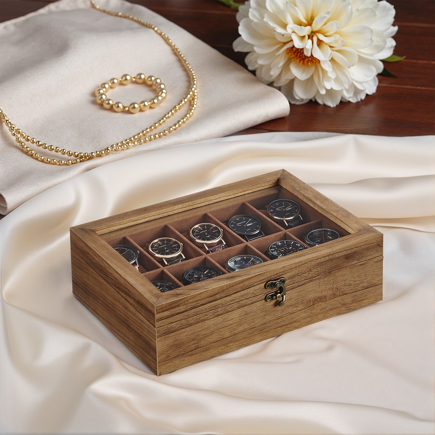 Watch Box - Solid Wood - Rustic Walnut - 10-Slot Organiser with Glass Lid