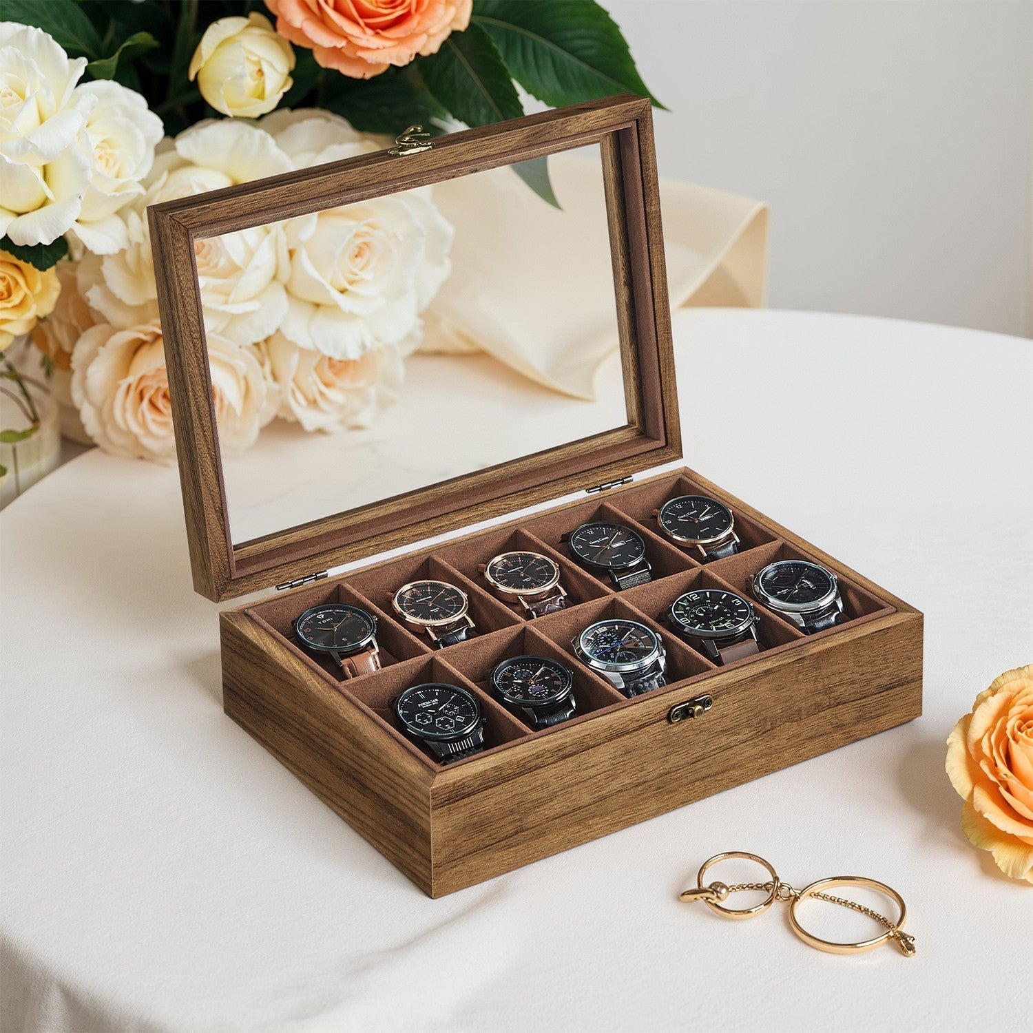 Watch Box - Solid Wood - Rustic Walnut - 10-Slot Organiser with Glass Lid