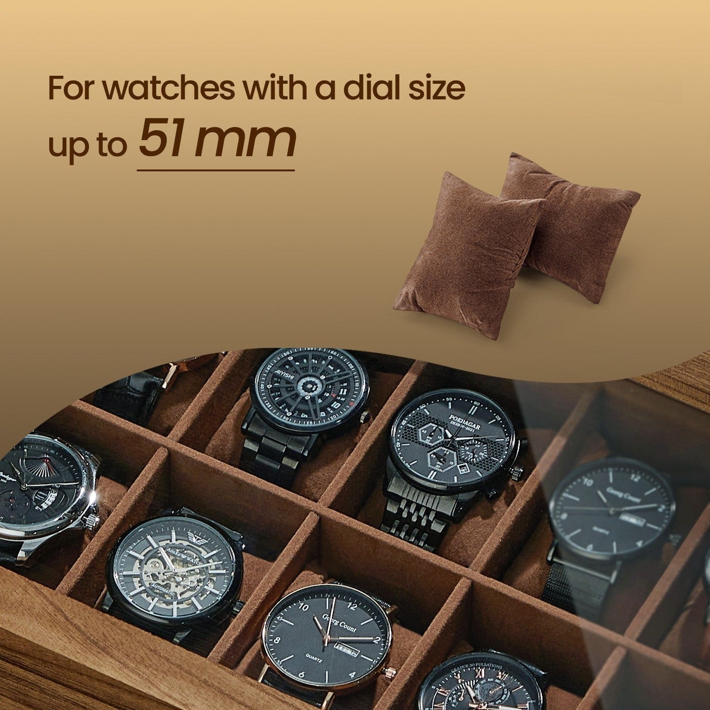 Watch Box - Solid Wood - Rustic Walnut - 10-Slot Organiser with Glass Lid