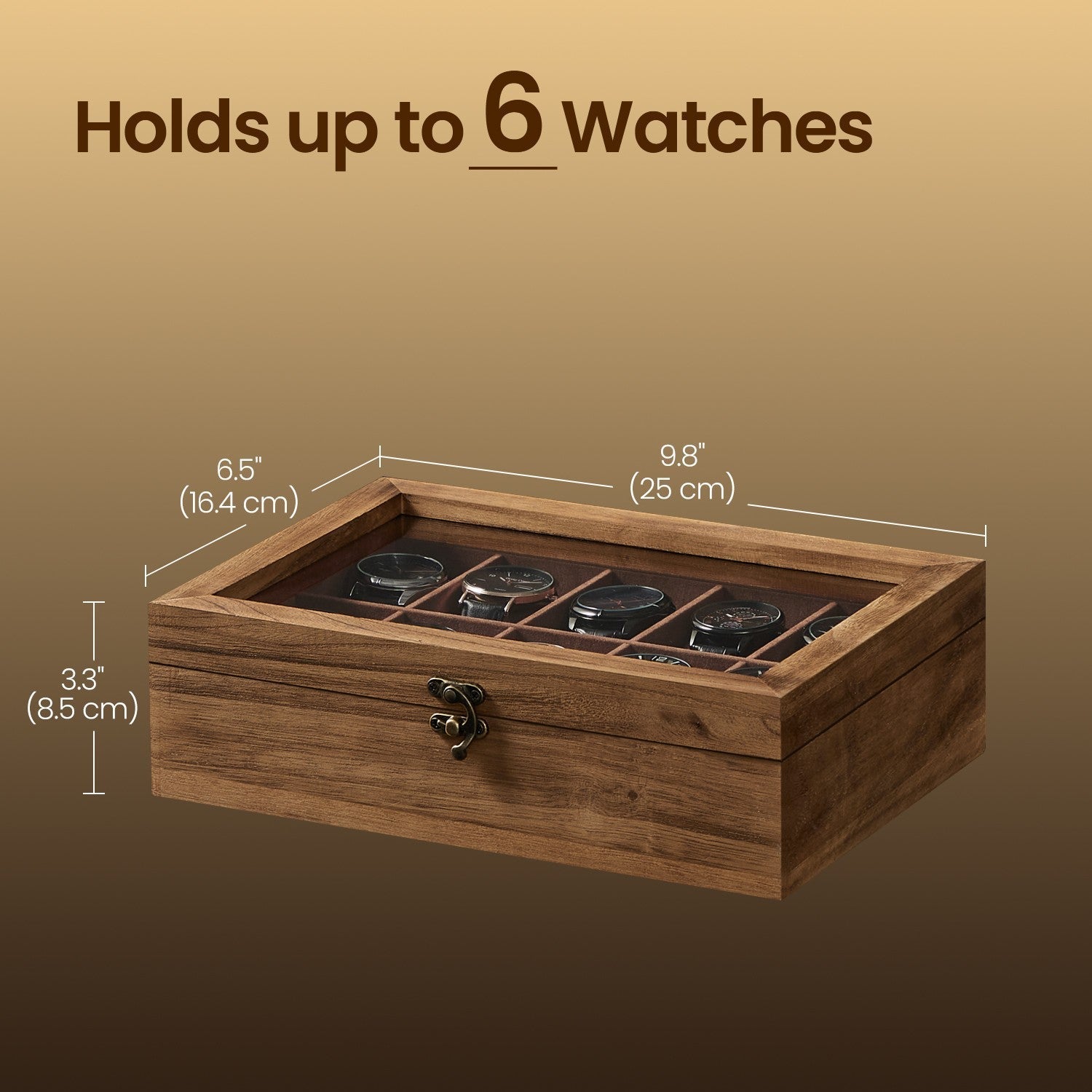 Watch Box - Solid Wood - Rustic Walnut - 10-Slot Organiser with Glass Lid