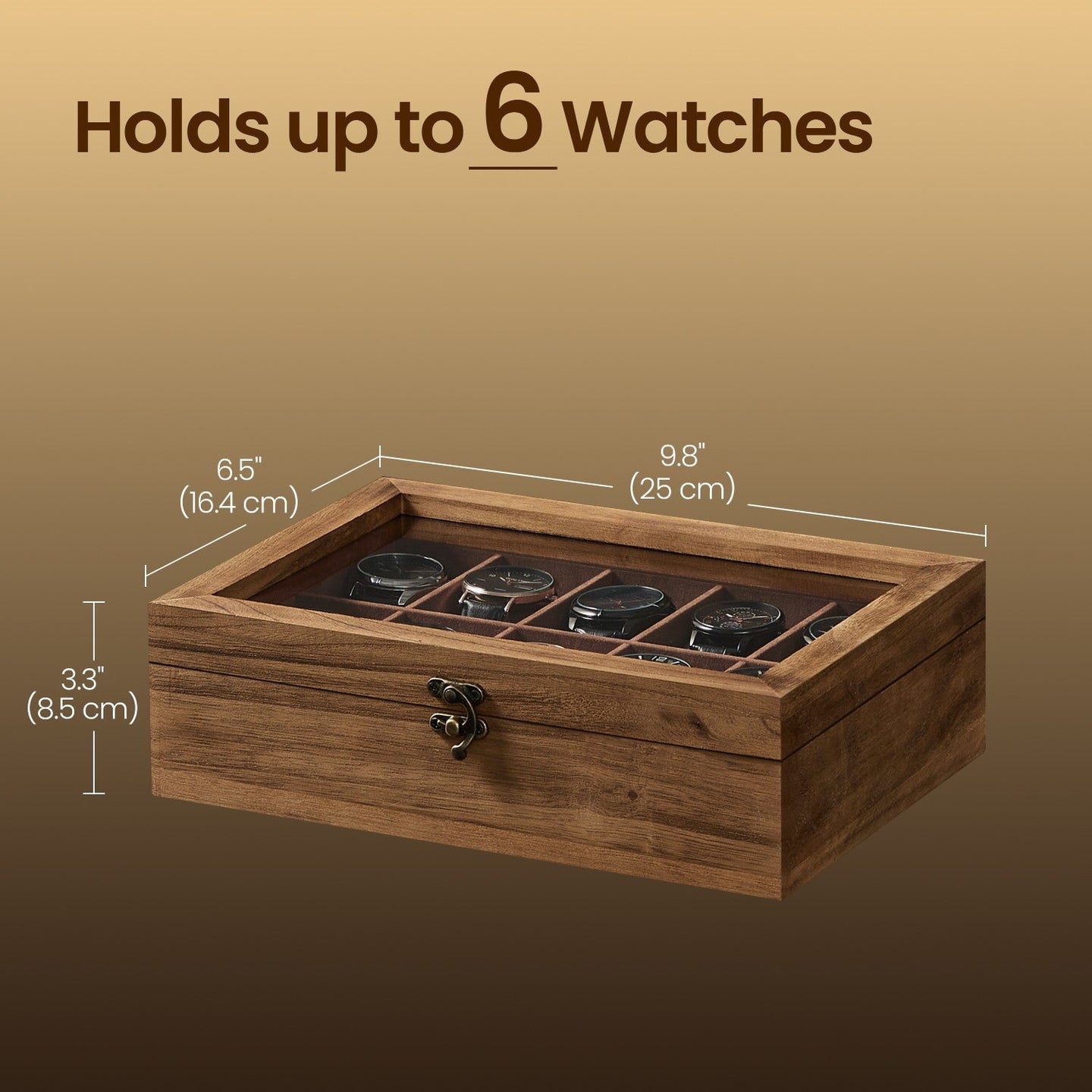 Watch Box - Solid Wood - Rustic Walnut - 10-Slot Organiser with Glass Lid