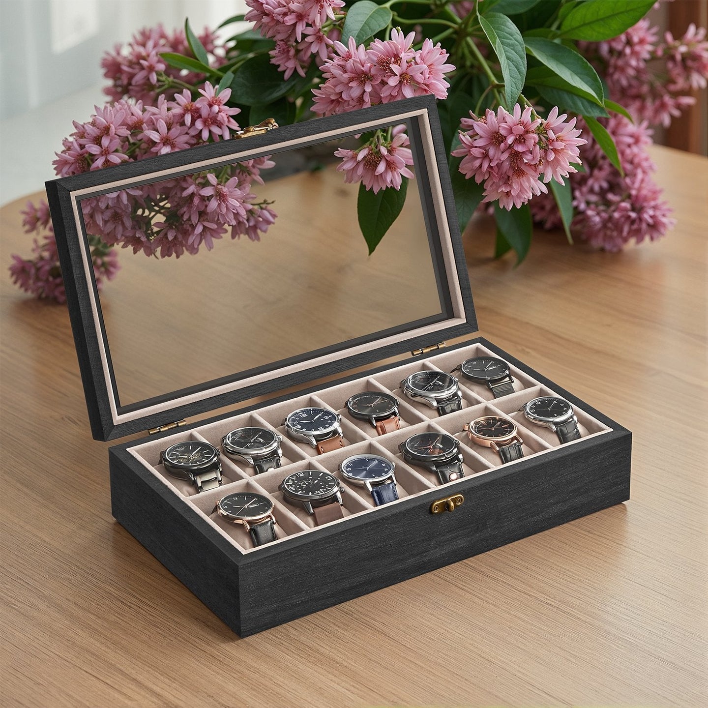 Watch Box - Solid Wood - Rustic Walnut - 12 Slots with Glass Lid