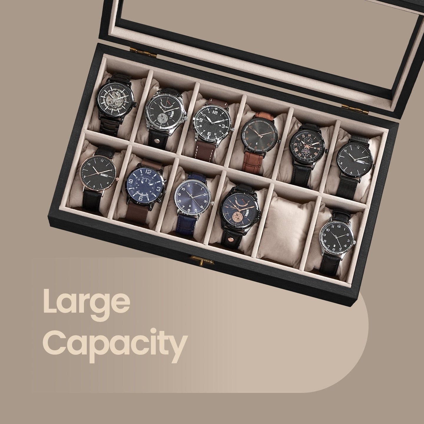 Watch Box - Solid Wood - Rustic Walnut - 12 Slots with Glass Lid