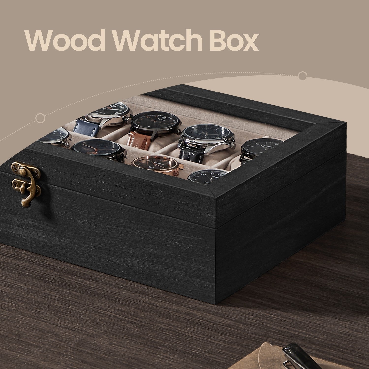 Watch Box - Solid Wood - Rustic Walnut - 12 Slots with Glass Lid