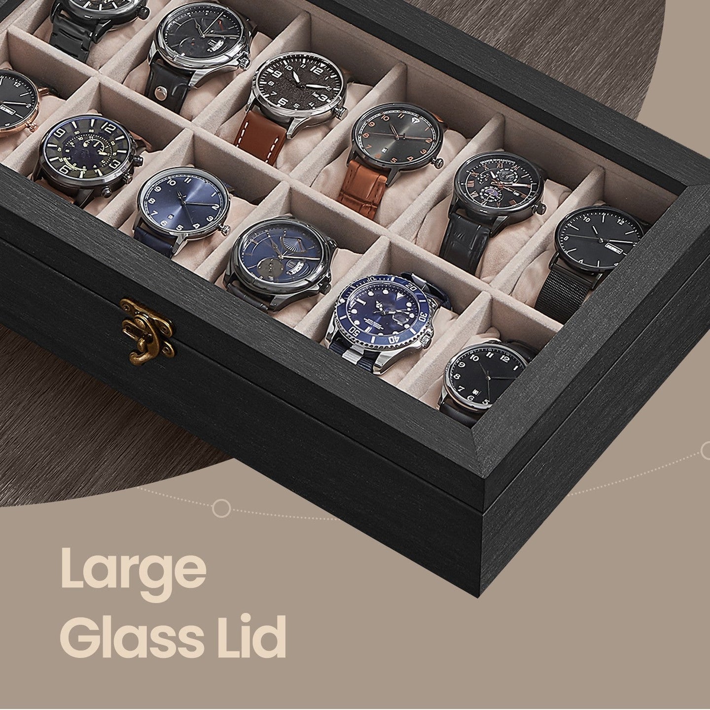 Watch Box - Solid Wood - Rustic Walnut - 12 Slots with Glass Lid