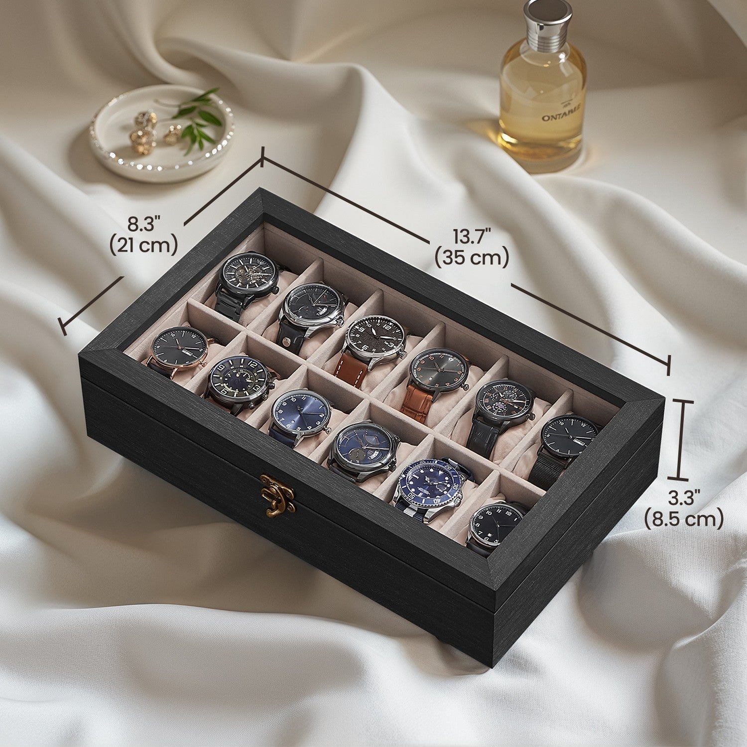 Watch Box - Solid Wood - Rustic Walnut - 12 Slots with Glass Lid
