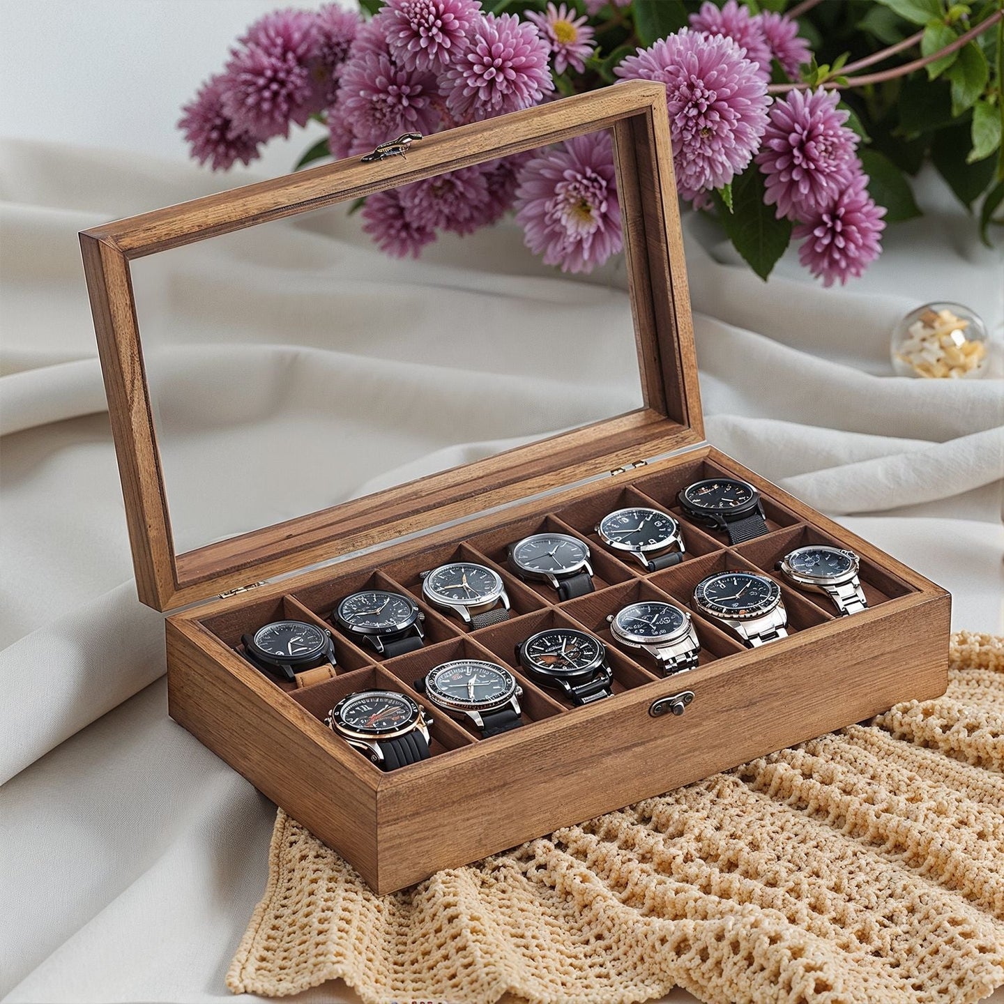 Watch Box - Solid Wood - Walnut - 12-Slot Organizer with Glass Lid