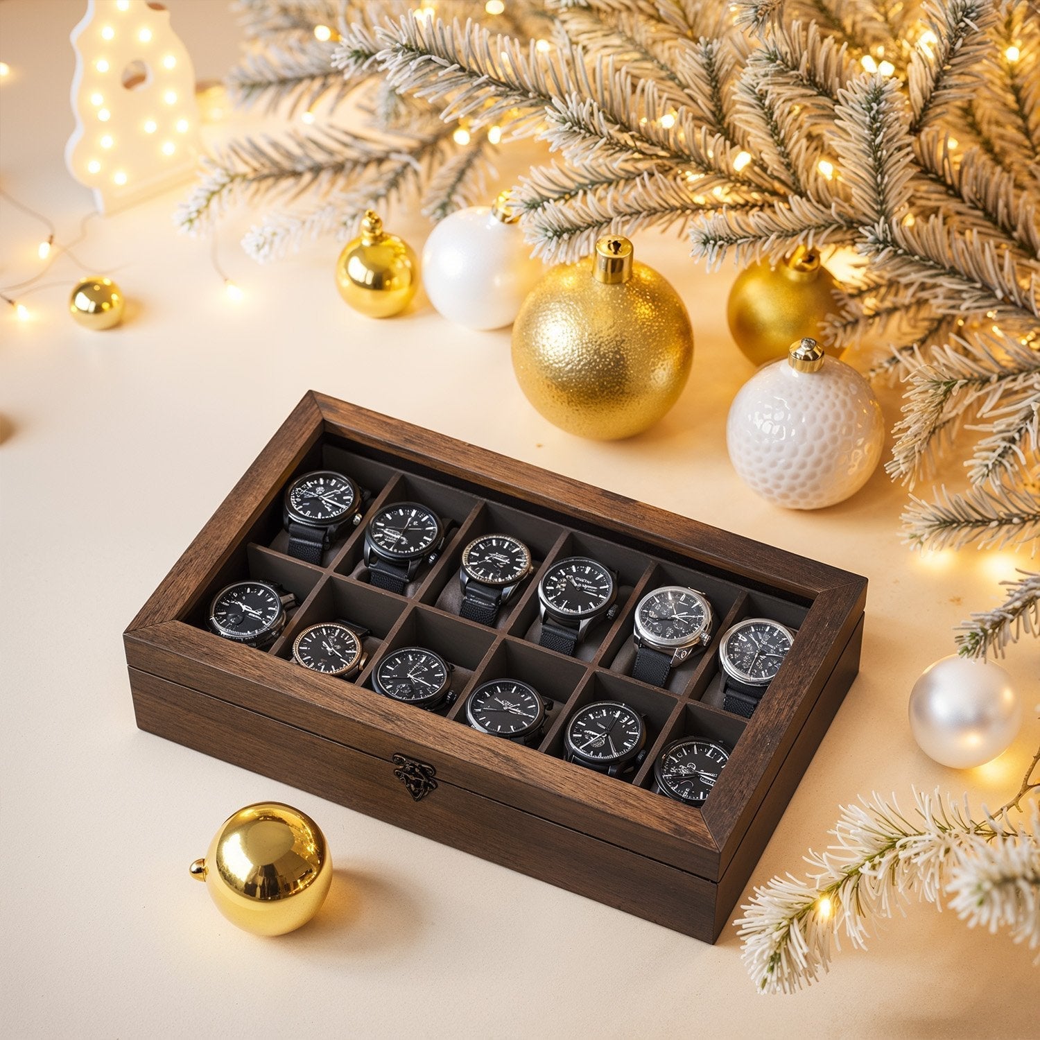 Watch Box - Solid Wood - Walnut - 12-Slot Organizer with Glass Lid