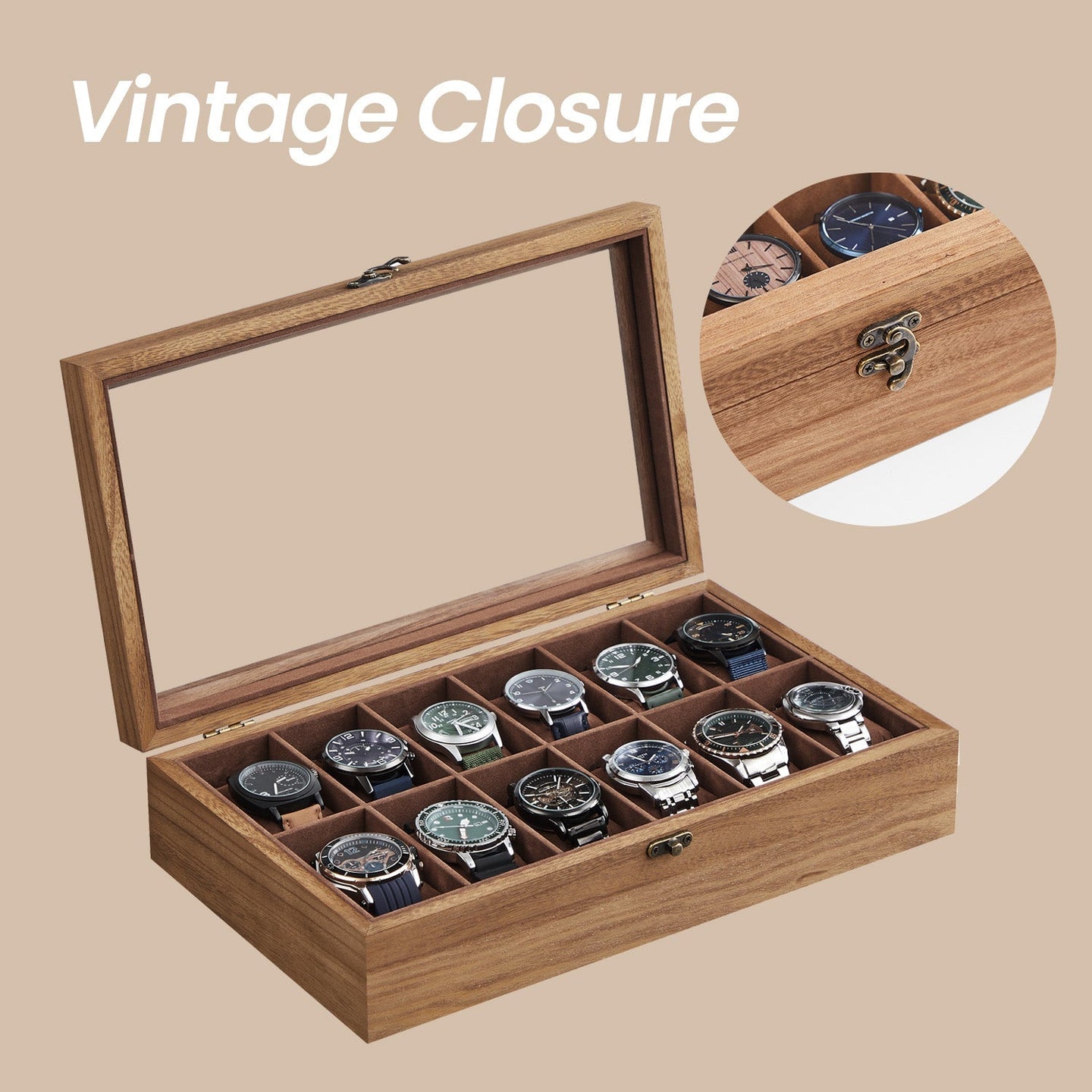 Watch Box - Solid Wood - Walnut - 12-Slot Organizer with Glass Lid