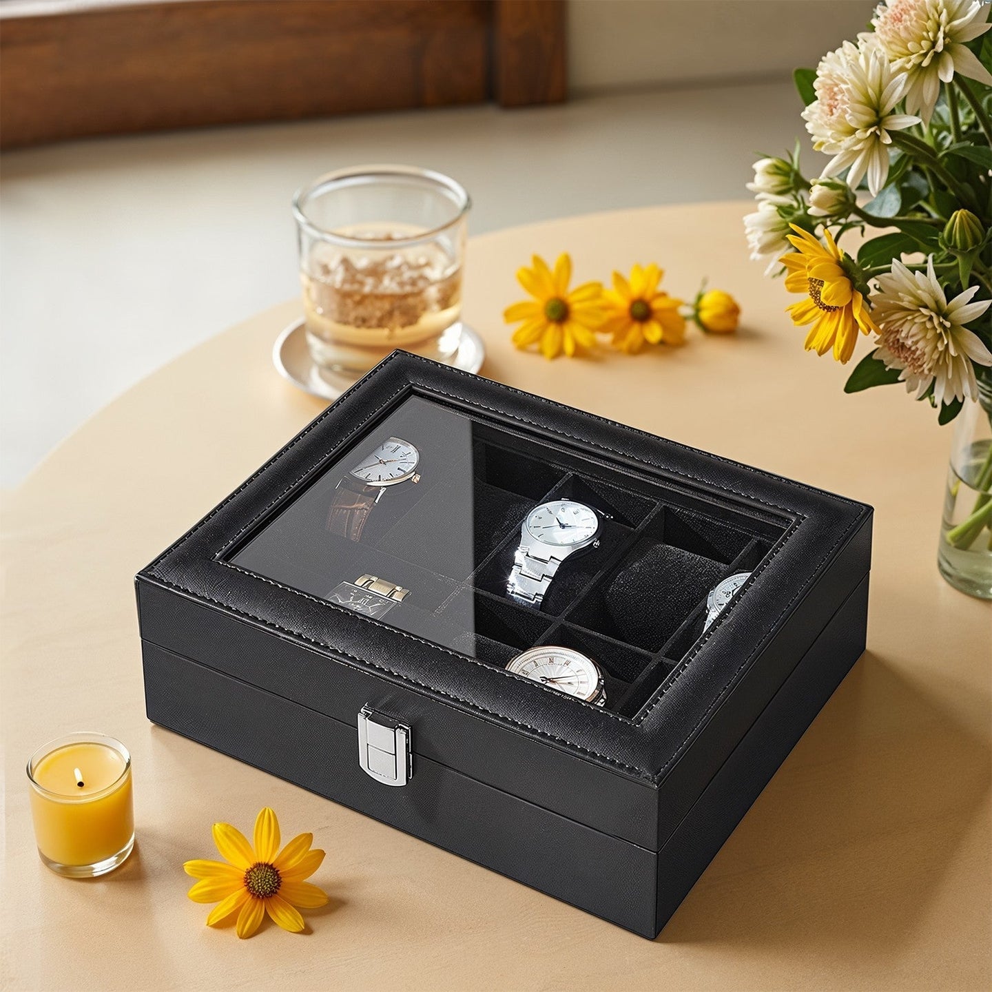 Watch Box Organizer - MDF - Black - 10-Slot with Removable Pillows and Lockable Design