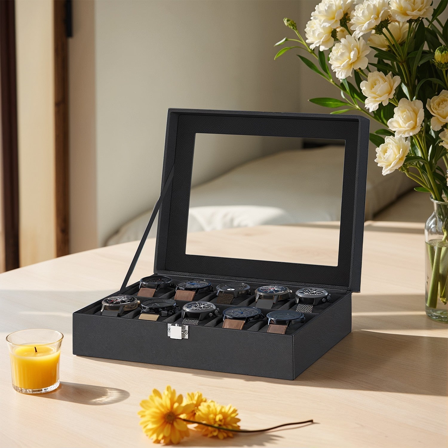 Watch Box Organizer - MDF - Black - 10-Slot with Removable Pillows and Lockable Design