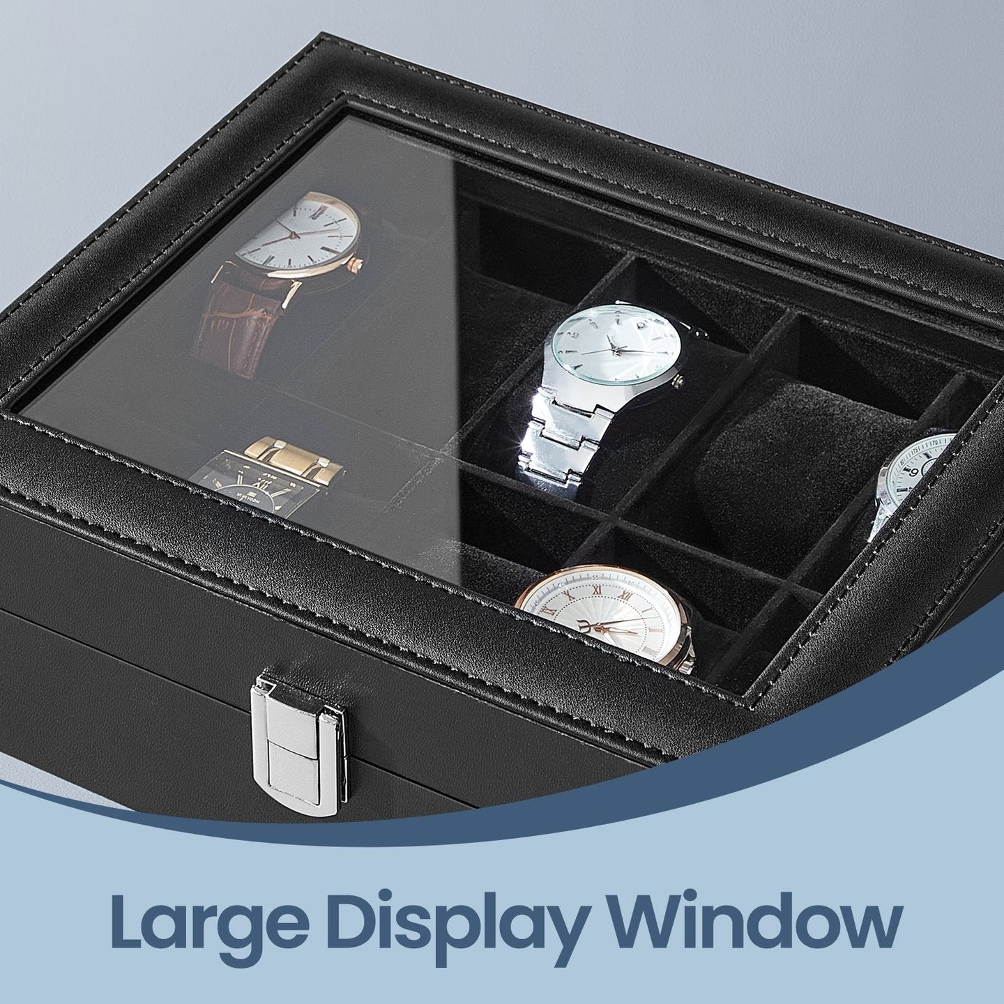 Watch Box Organizer - MDF - Black - 10-Slot with Removable Pillows and Lockable Design