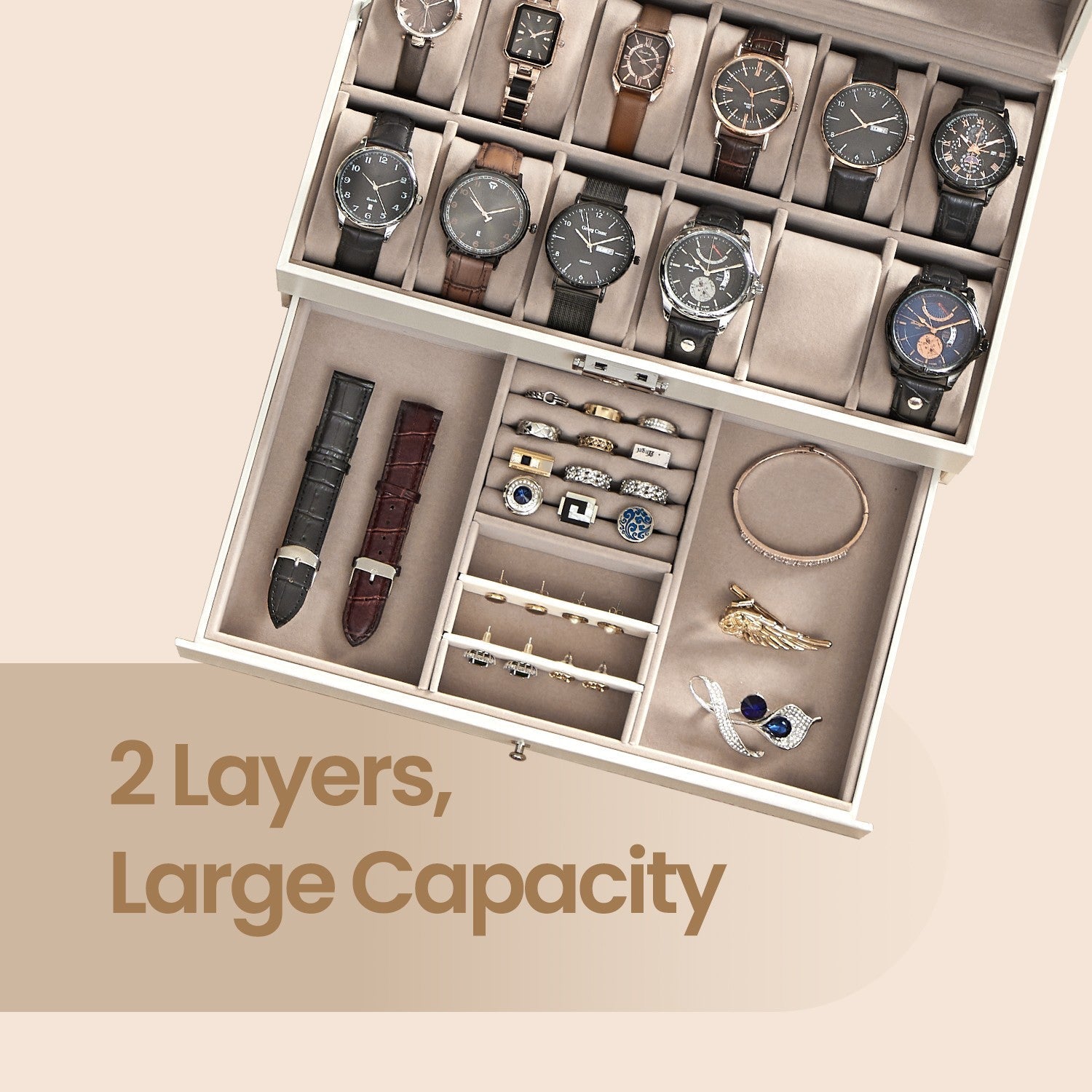 Watch Box - Synthetic Leather - Brown - 12 Slots with Glass Lid and Drawer