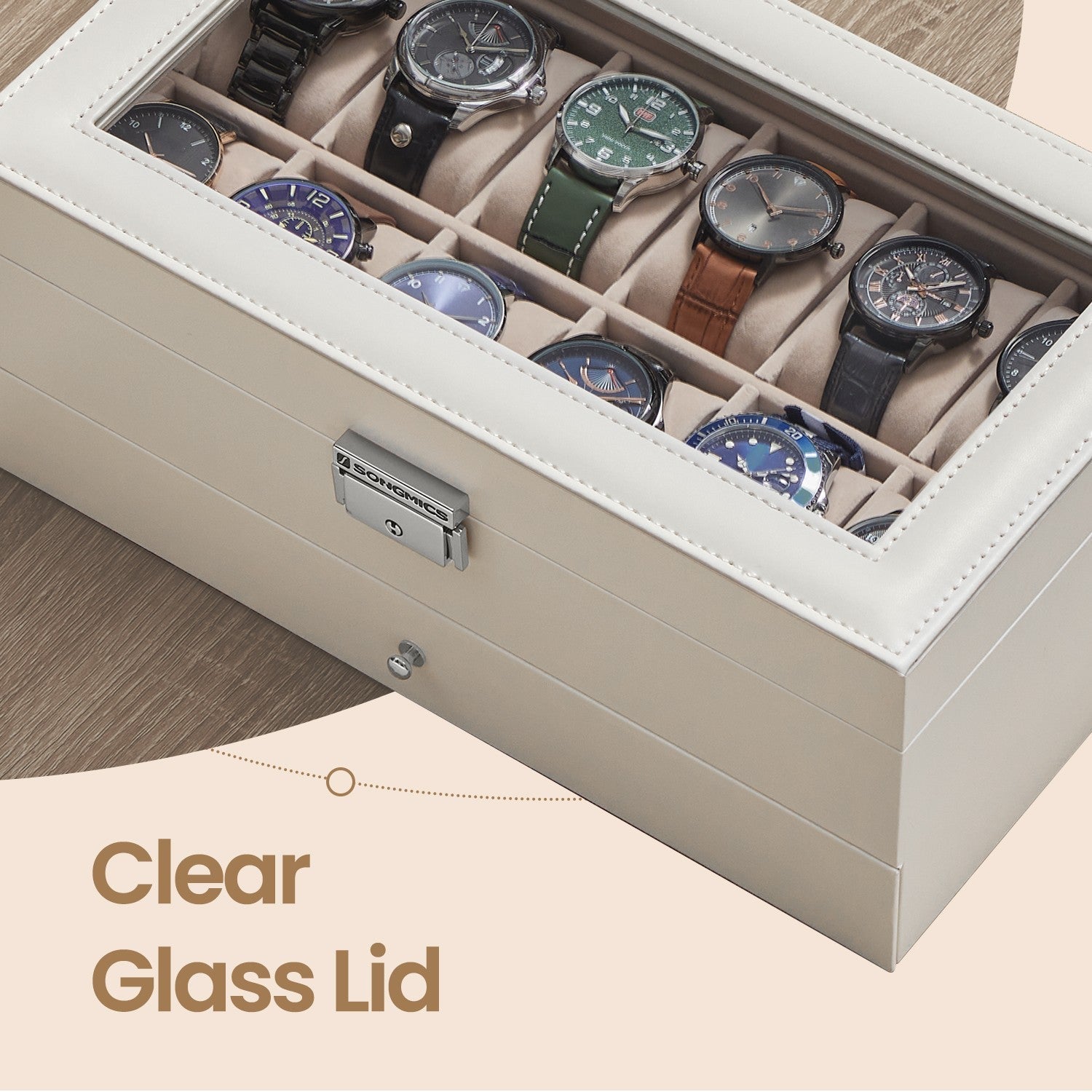 Watch Box - Synthetic Leather - Brown - 12 Slots with Glass Lid and Drawer