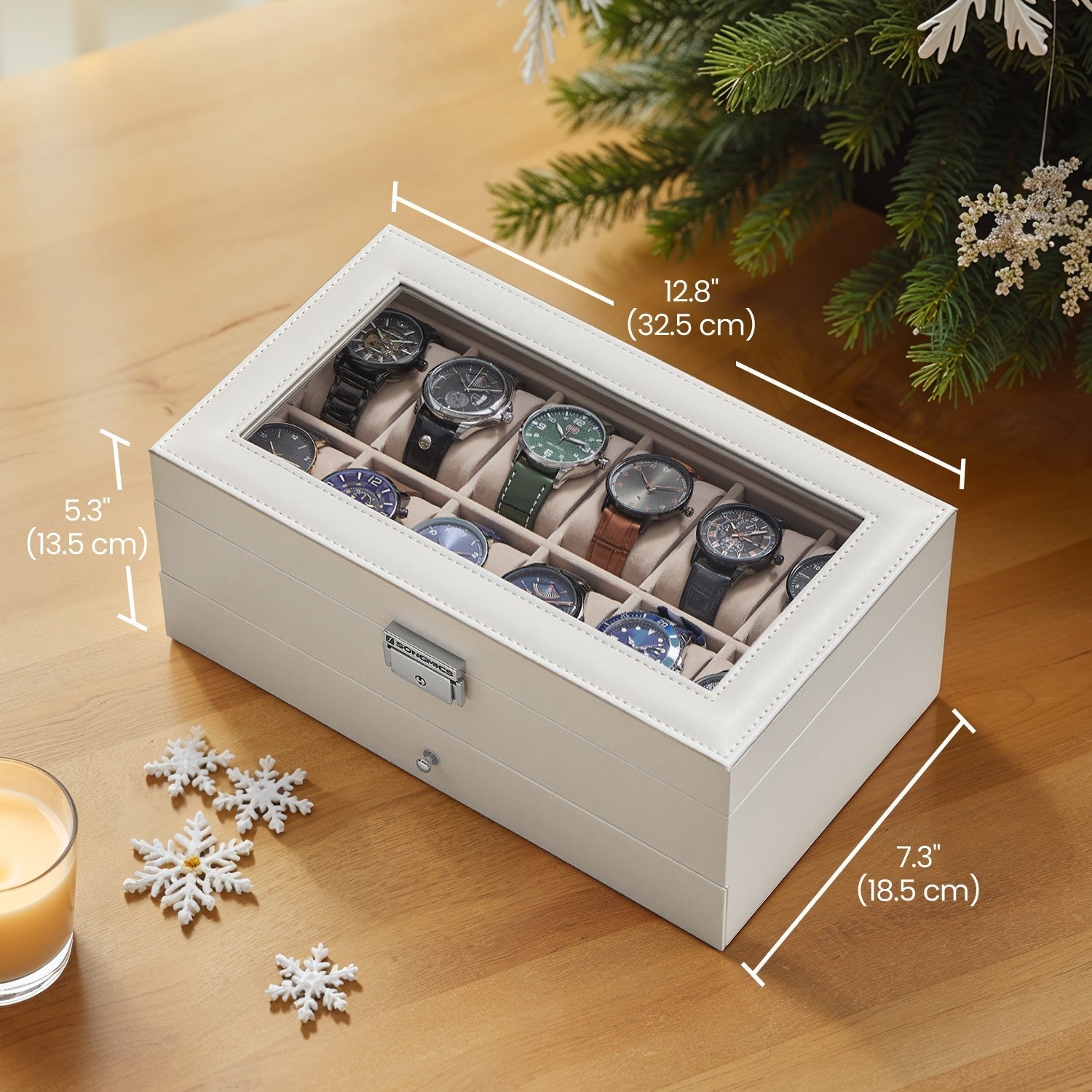 Watch Box - Synthetic Leather - Brown - 12 Slots with Glass Lid and Drawer