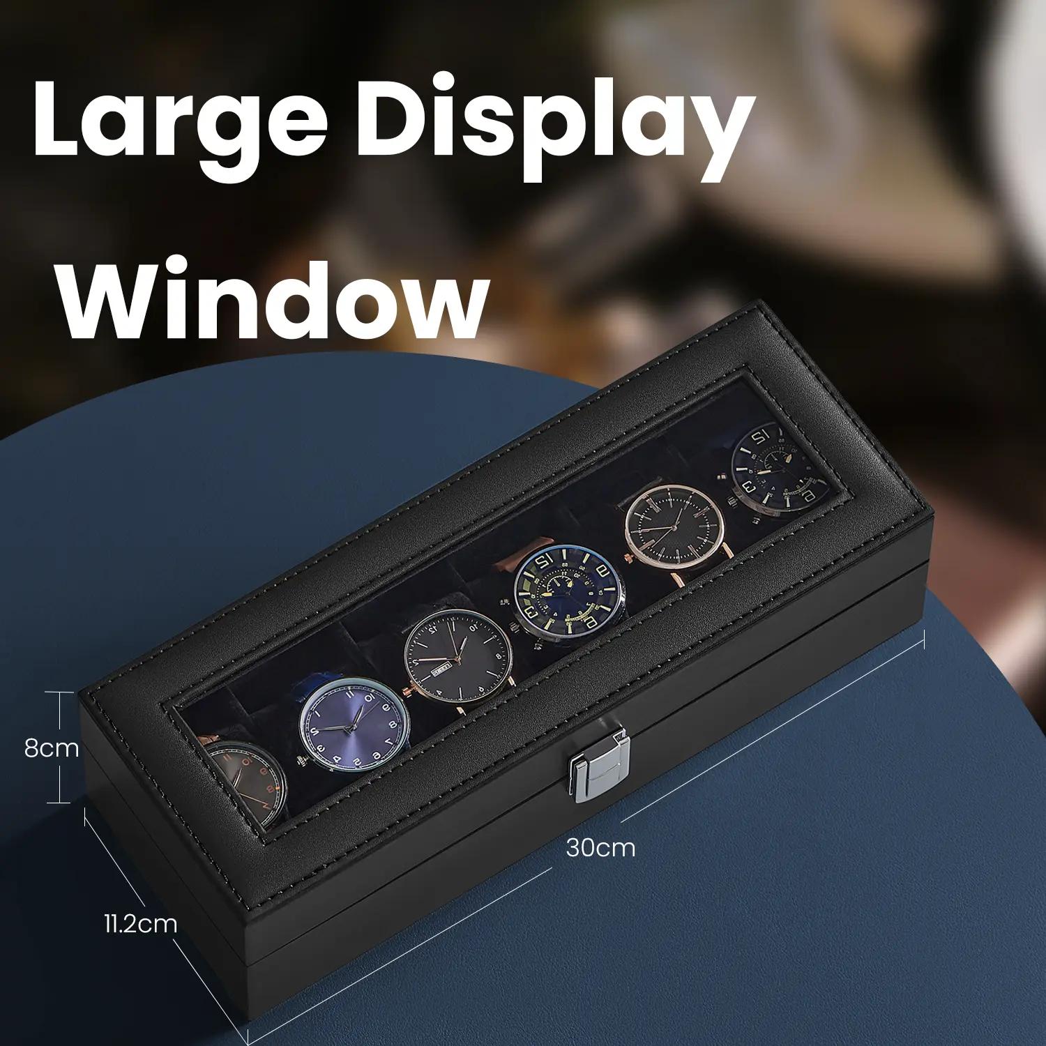 Watch Box Organizer - Synthetic Leather - Black - Large Glass Lid with Removable Pillows