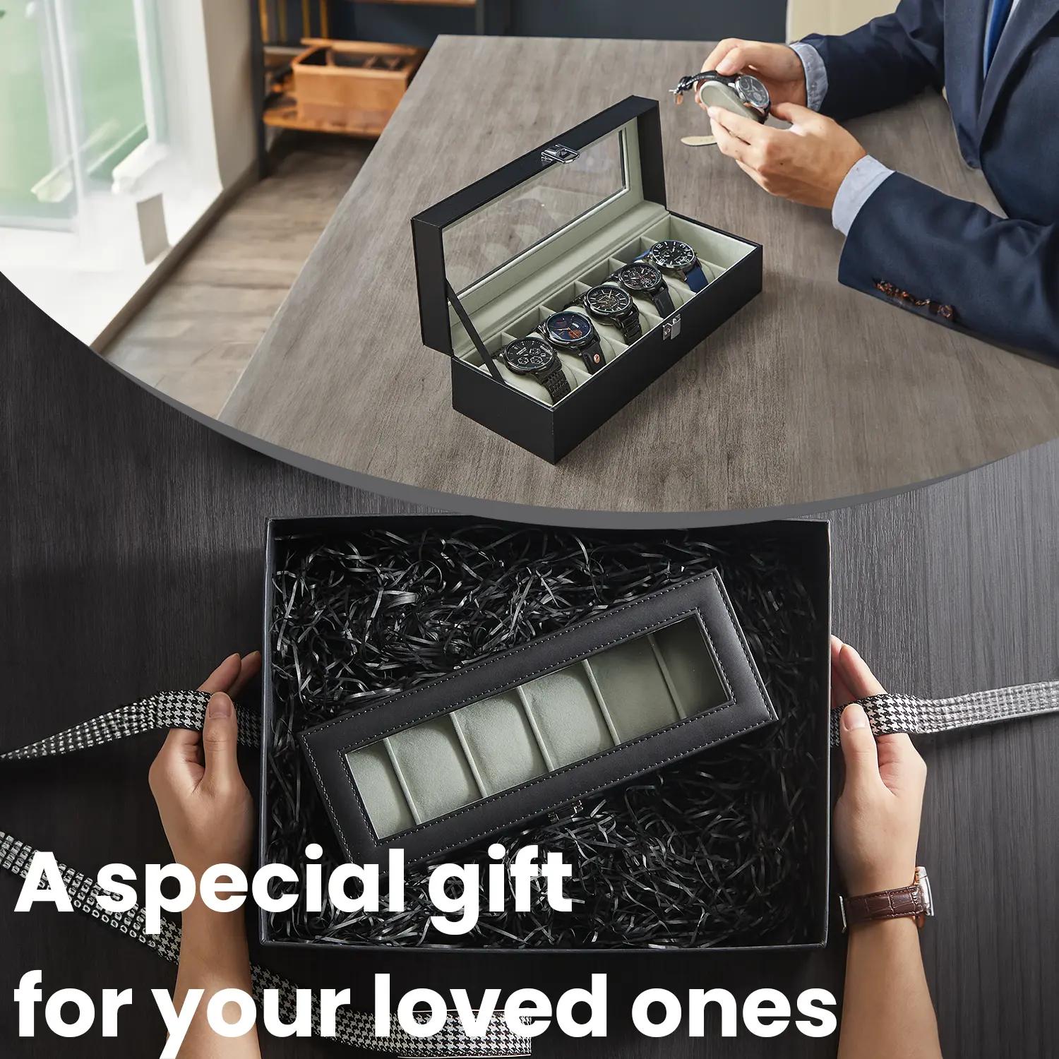 Watch Organizer Case - Synthetic Leather - Black and Grey - 6-Slot with Glass Lid and Removable Pillows