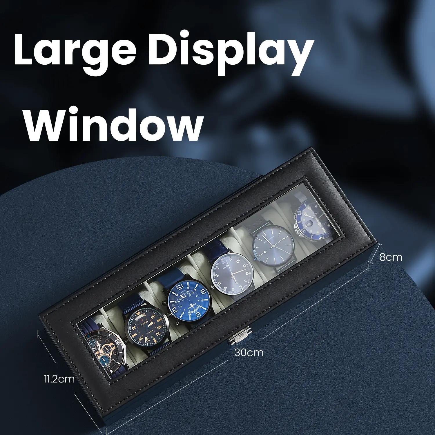 Watch Organizer Case - Synthetic Leather - Black and Grey - 6-Slot with Glass Lid and Removable Pillows