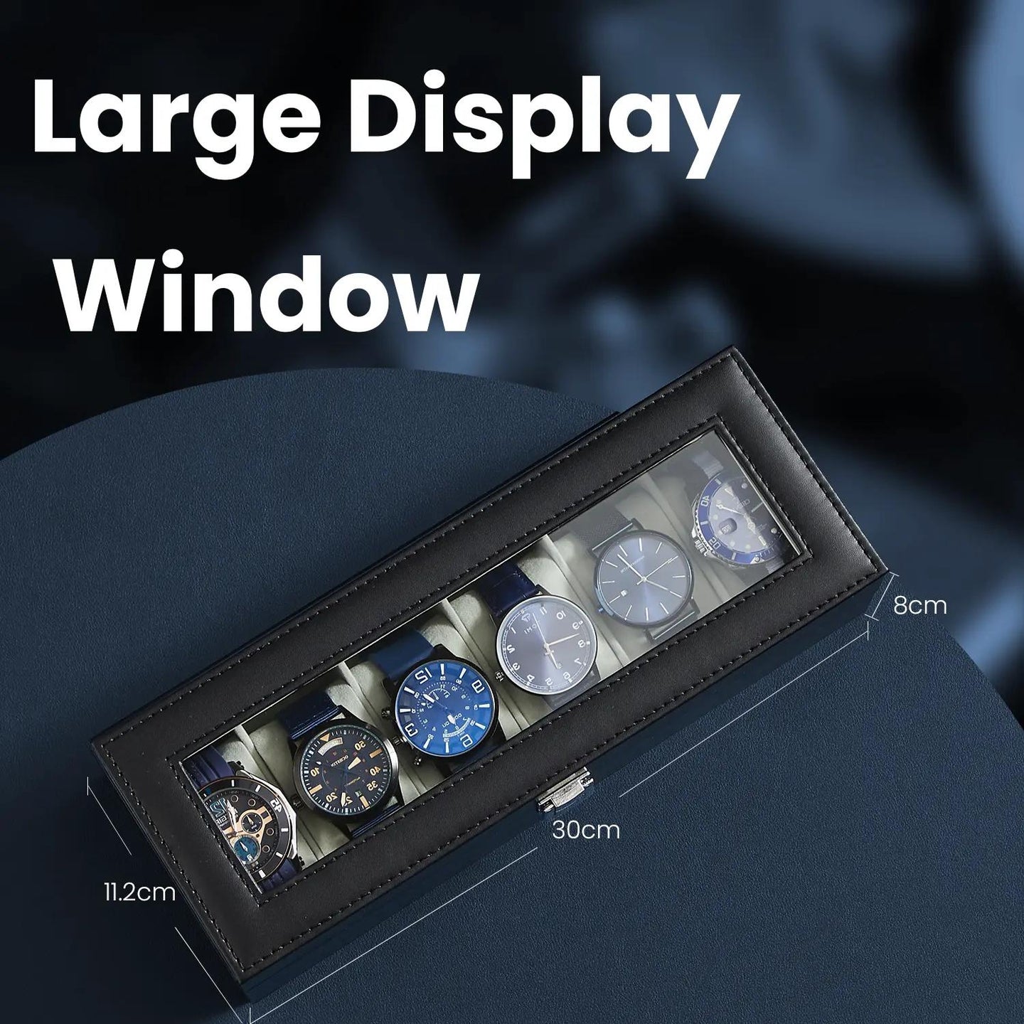 Watch Organizer Case - Synthetic Leather - Black and Grey - 6-Slot with Glass Lid and Removable Pillows