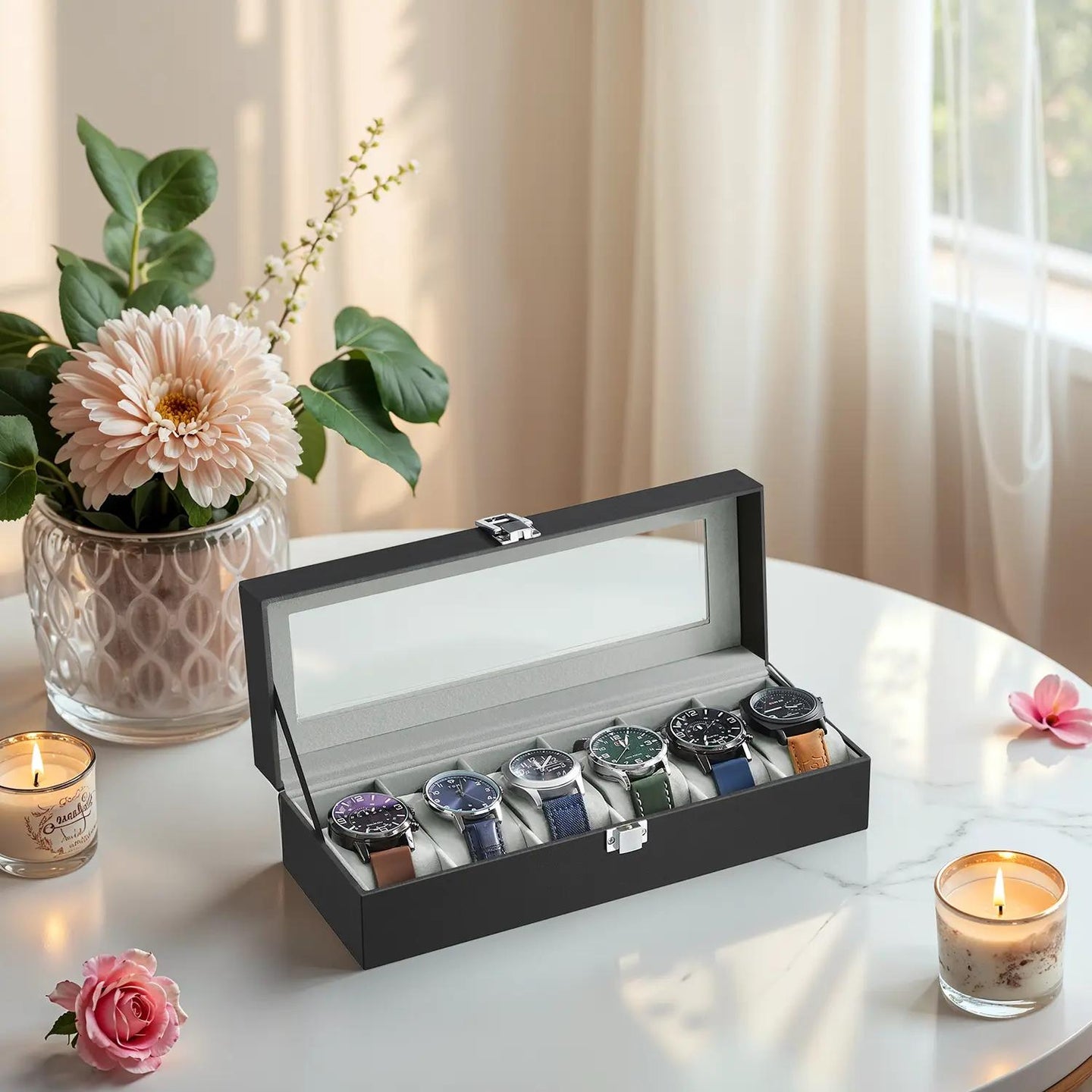 Watch Organizer Case - Synthetic Leather - Black and Grey - 6-Slot with Glass Lid and Removable Pillows