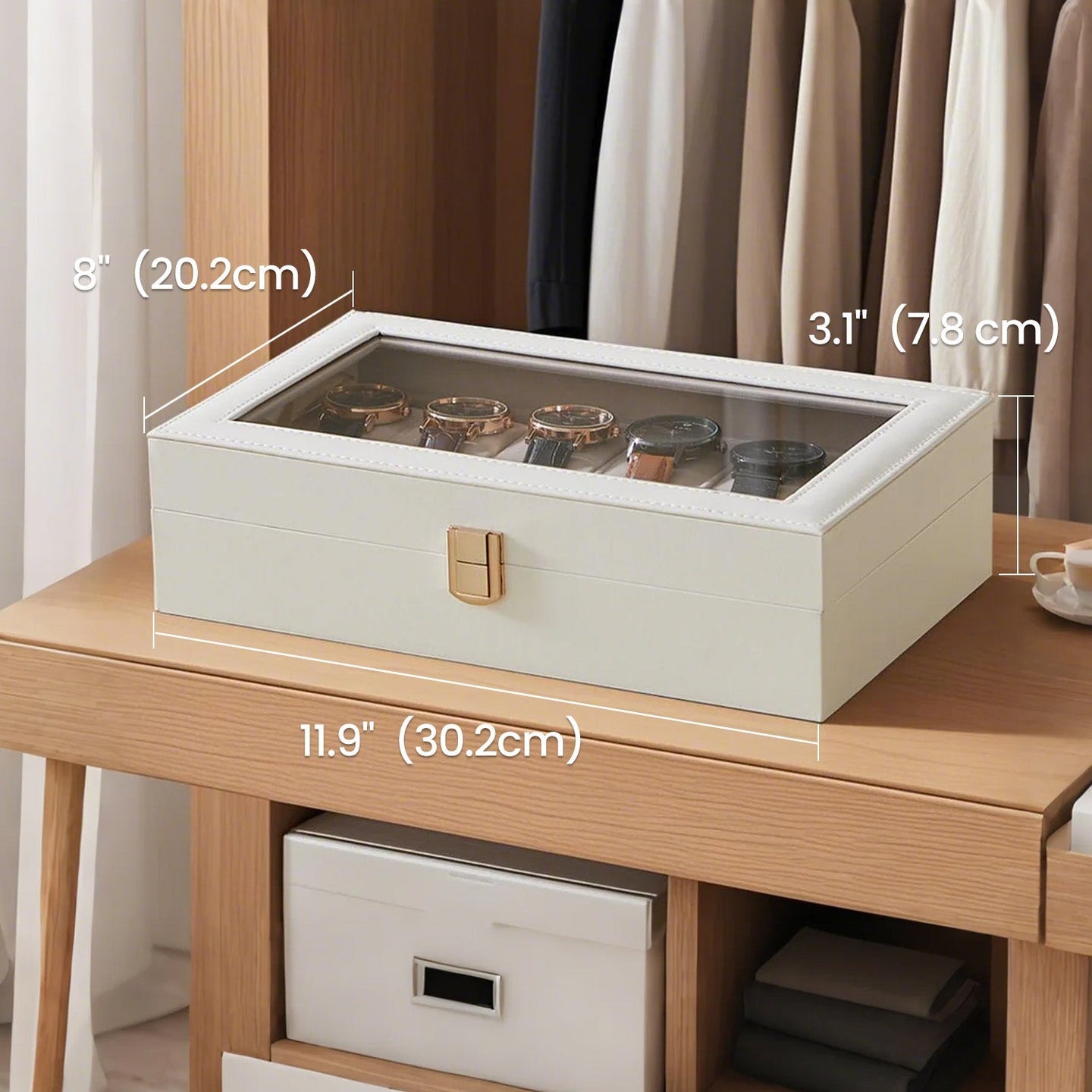 12-Slot Watch Box Organizer - Synthetic Leather - Black with Greenish Grey Lining - Large Glass Lid and Removable Watch Pillows