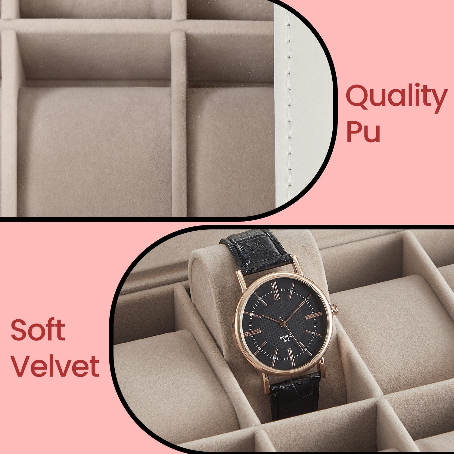 12-Slot Watch Box Organizer - Synthetic Leather - Black with Greenish Grey Lining - Large Glass Lid and Removable Watch Pillows