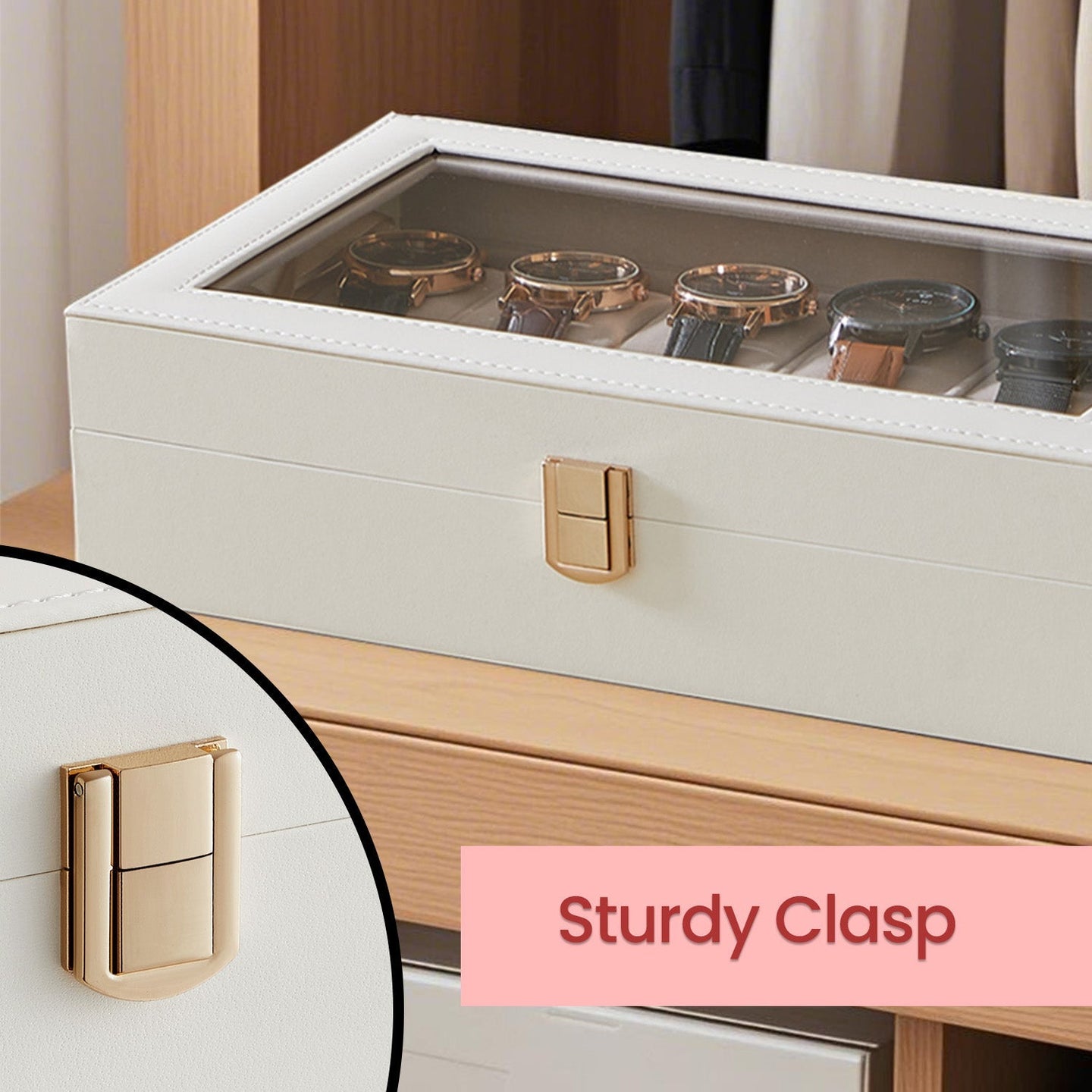 12-Slot Watch Box Organizer - Synthetic Leather - Black with Greenish Grey Lining - Large Glass Lid and Removable Watch Pillows