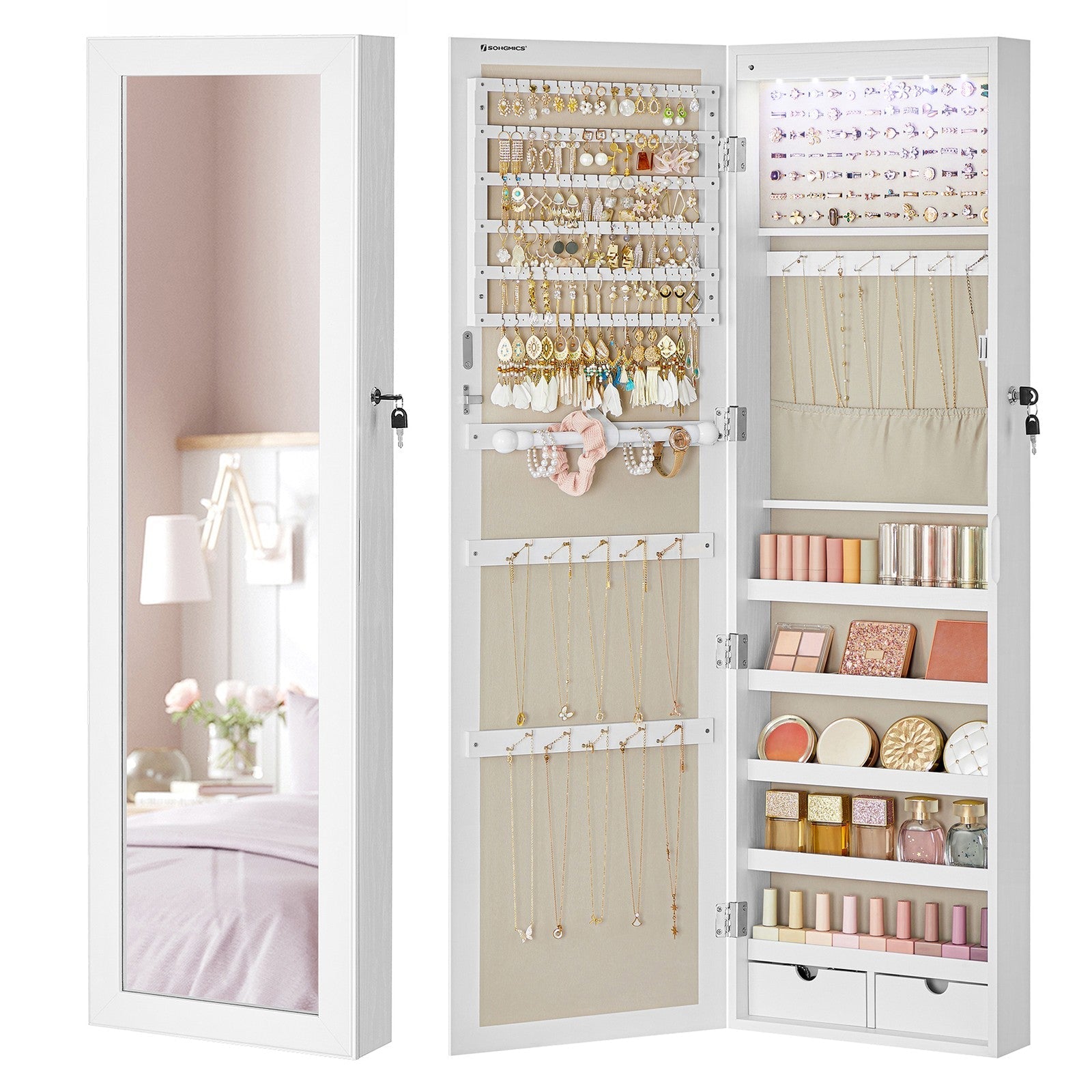 Jewellery Cabinet - Wood - White - Lockable with Mirror and Multiple Compartments